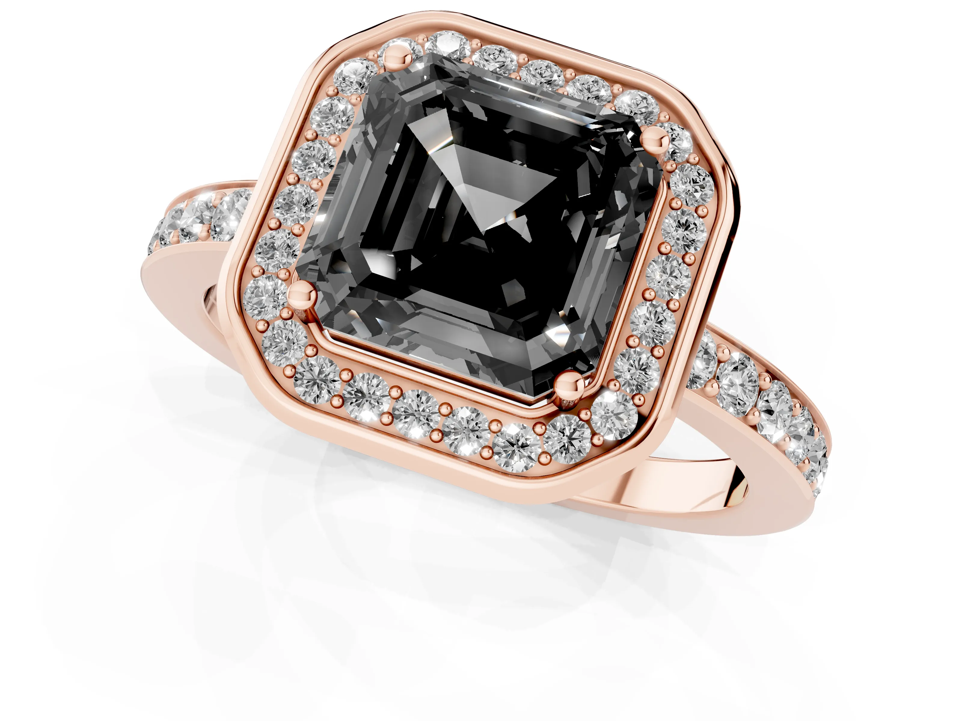 Fancy Black Asscher Cut Diamond Halo Ring Set in Rose gold with Bezel Frame and Pavé Band