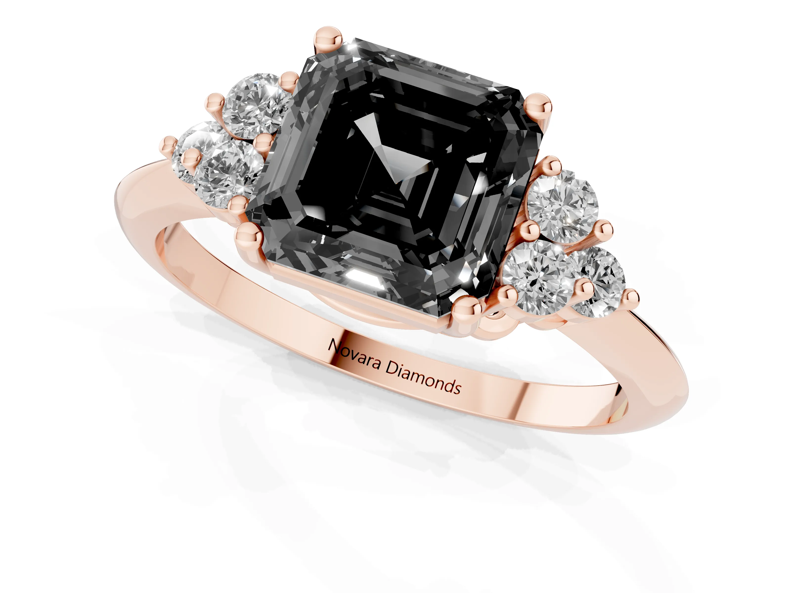Fancy Black Asscher Cut Diamond Cluster Ring Set in Rose gold with Plain Band and Prong Setting