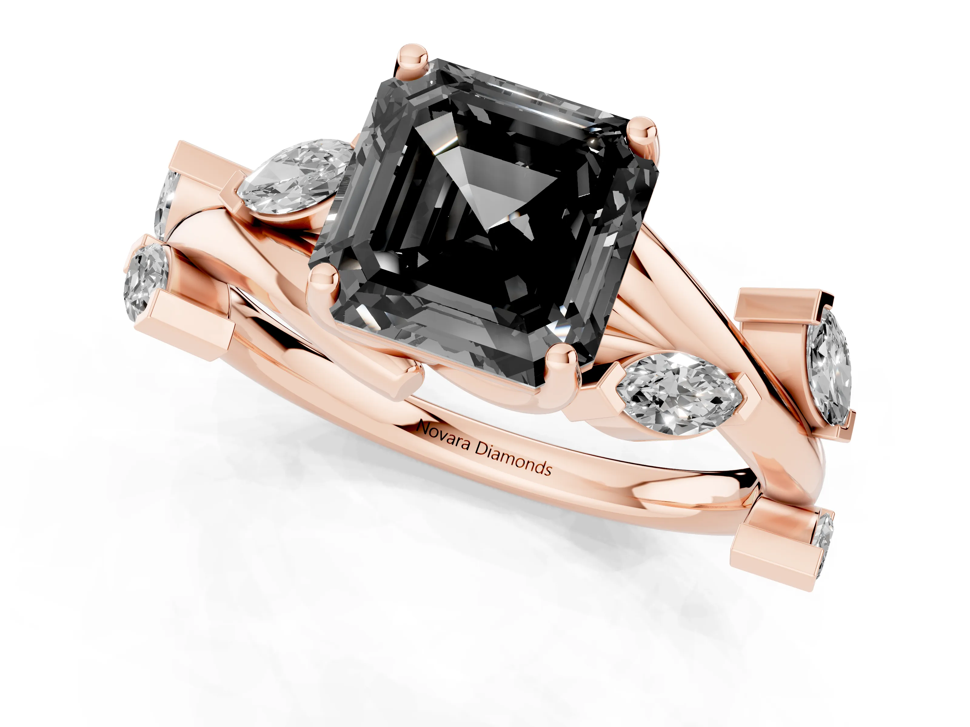 Fancy Black Asscher Cut Diamond Solitaire Ring Set in Rose gold with Twisted Marquise Accent Band