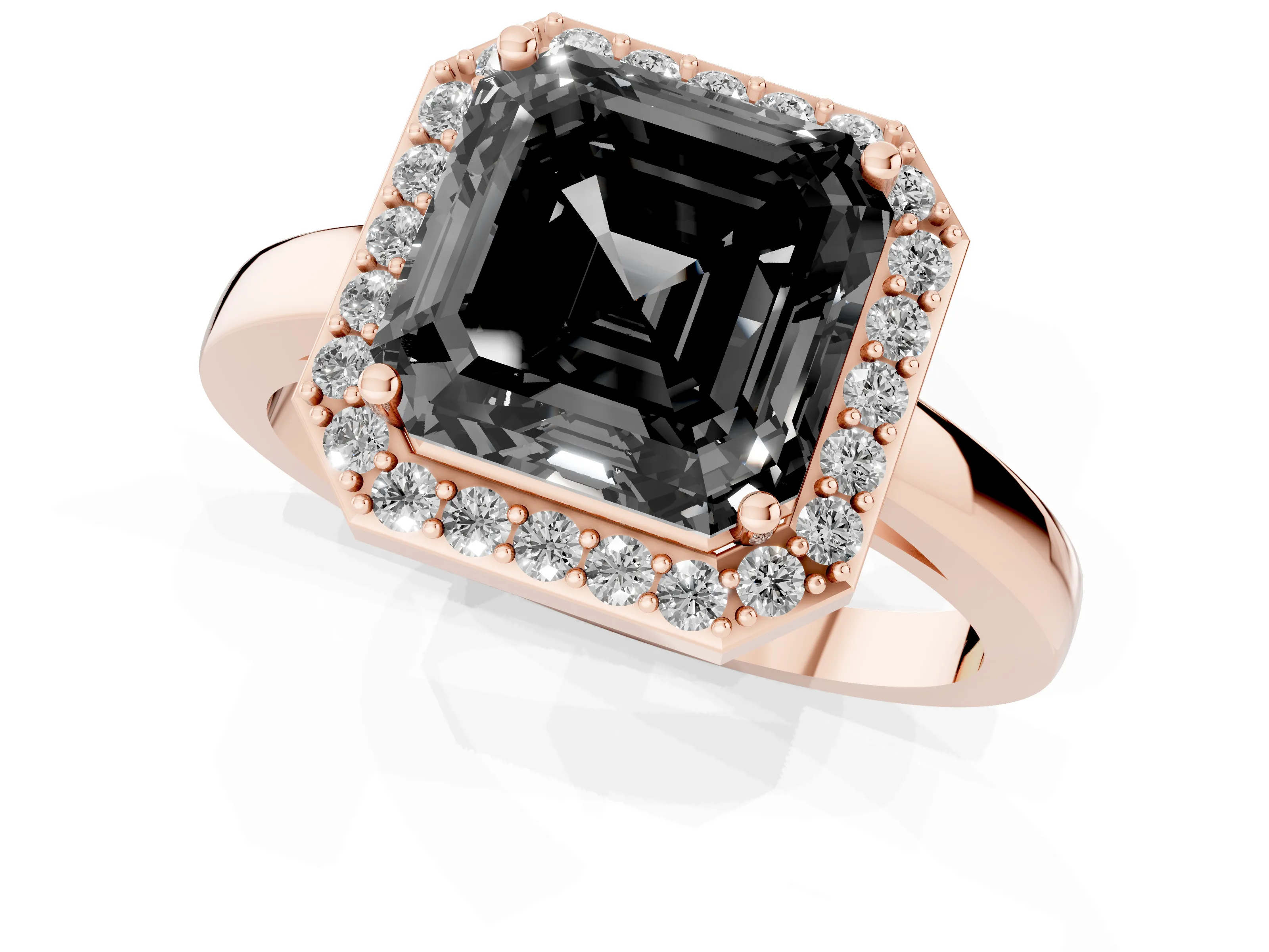 Fancy Black Asscher Cut Diamond Halo Ring Set in Rose gold with Solitaire Band and Prong Setting