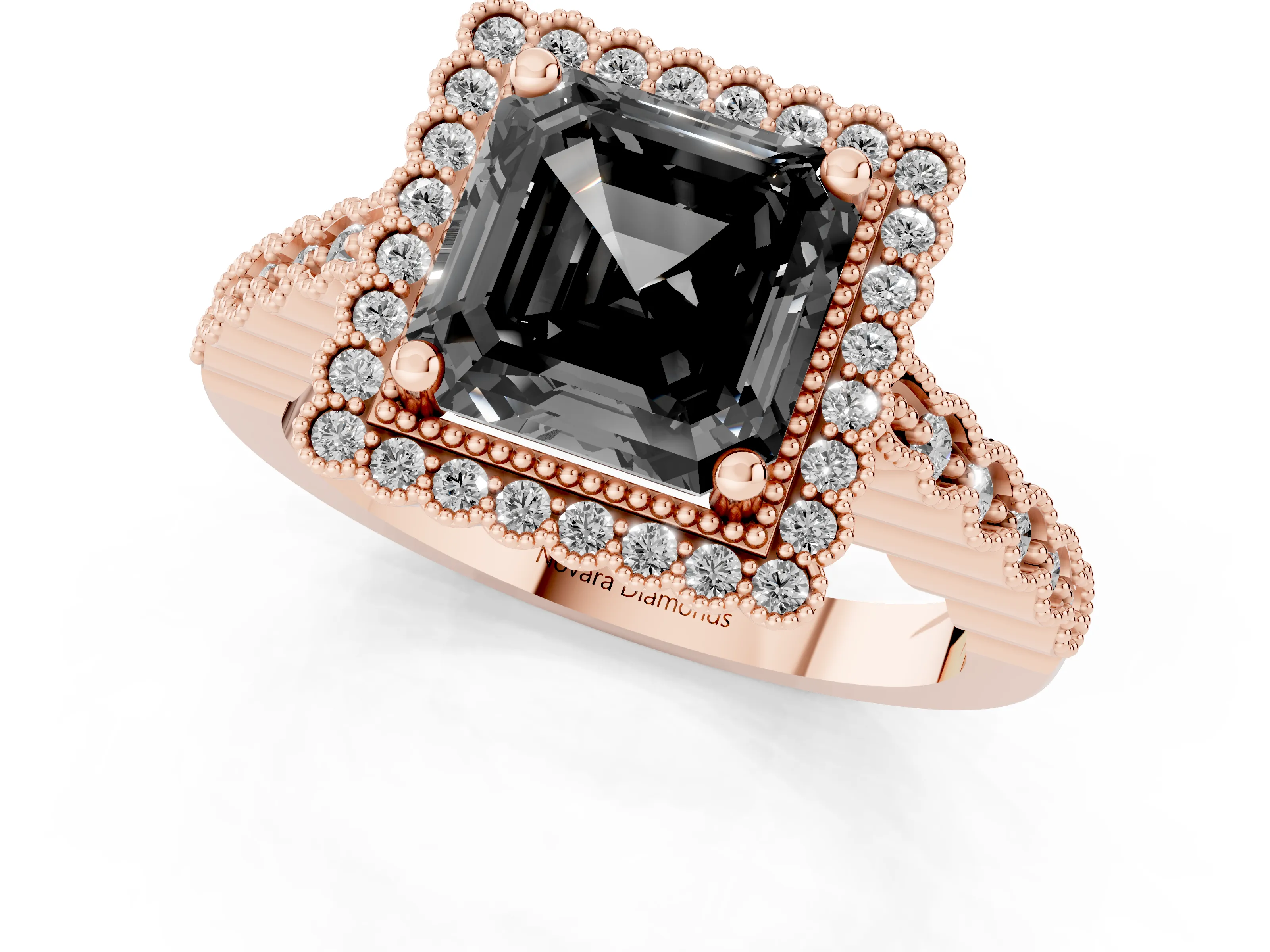 Fancy Black Asscher Cut Diamond Halo Ring Set in Rose gold with Pavé Milgrain Band