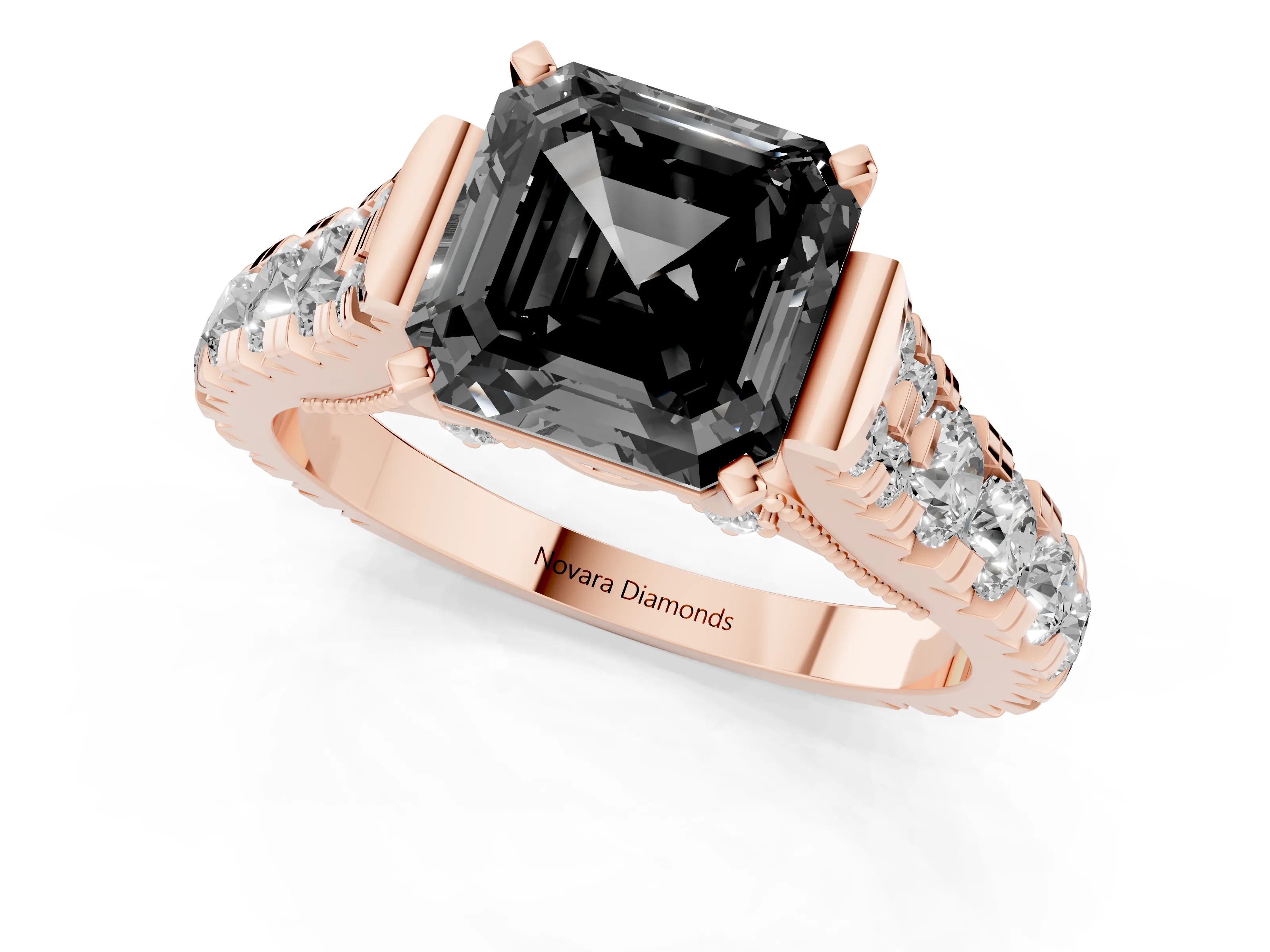 Fancy Black Asscher Cut Diamond Classic Solitaire Ring Set in Rose gold with Pavé Band and Prong Setting