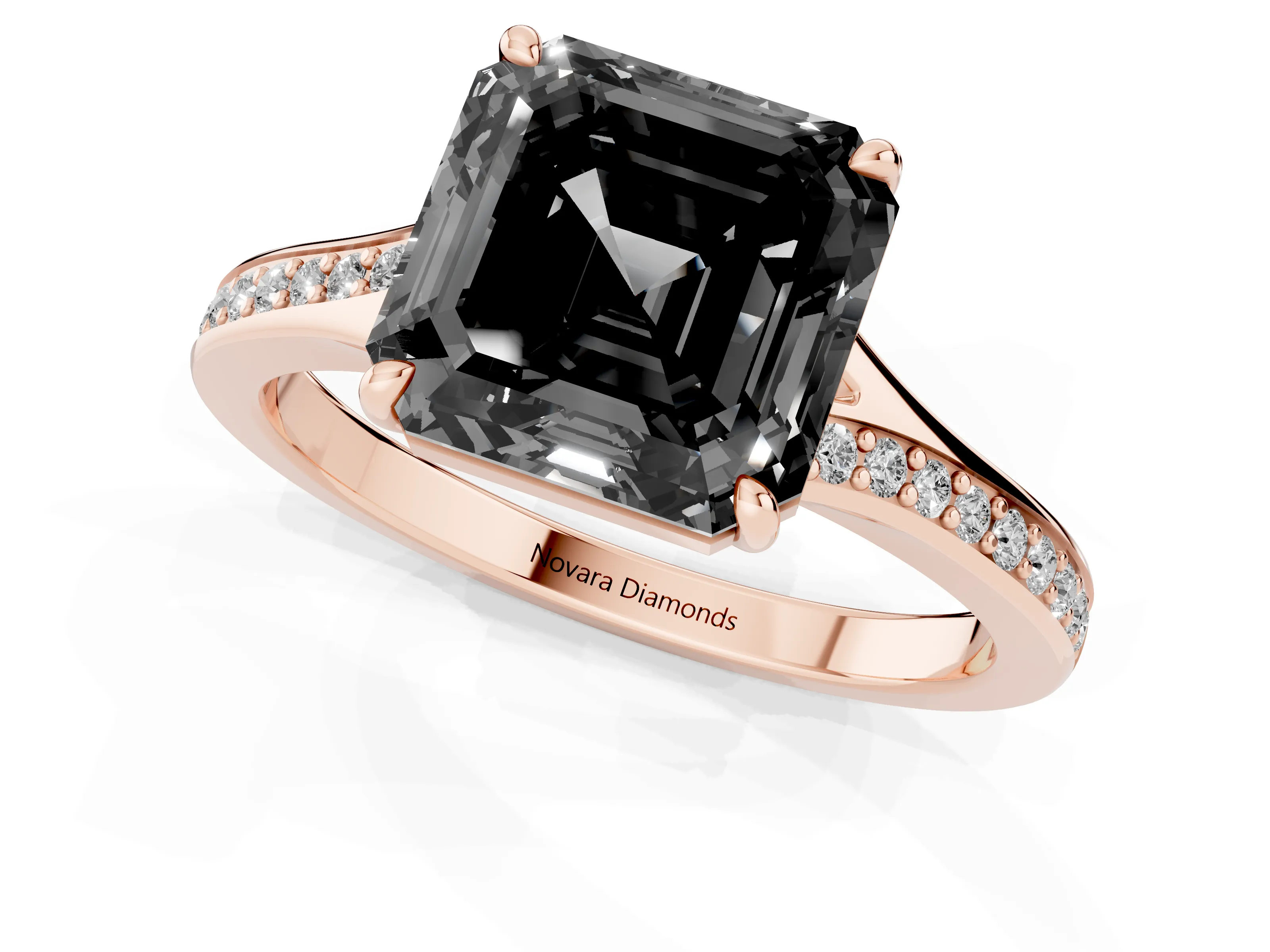 Fancy Black Asscher Cut Diamond Solitaire Ring Set in Rose gold with Pavé Accent Band and Classic Prong Setting