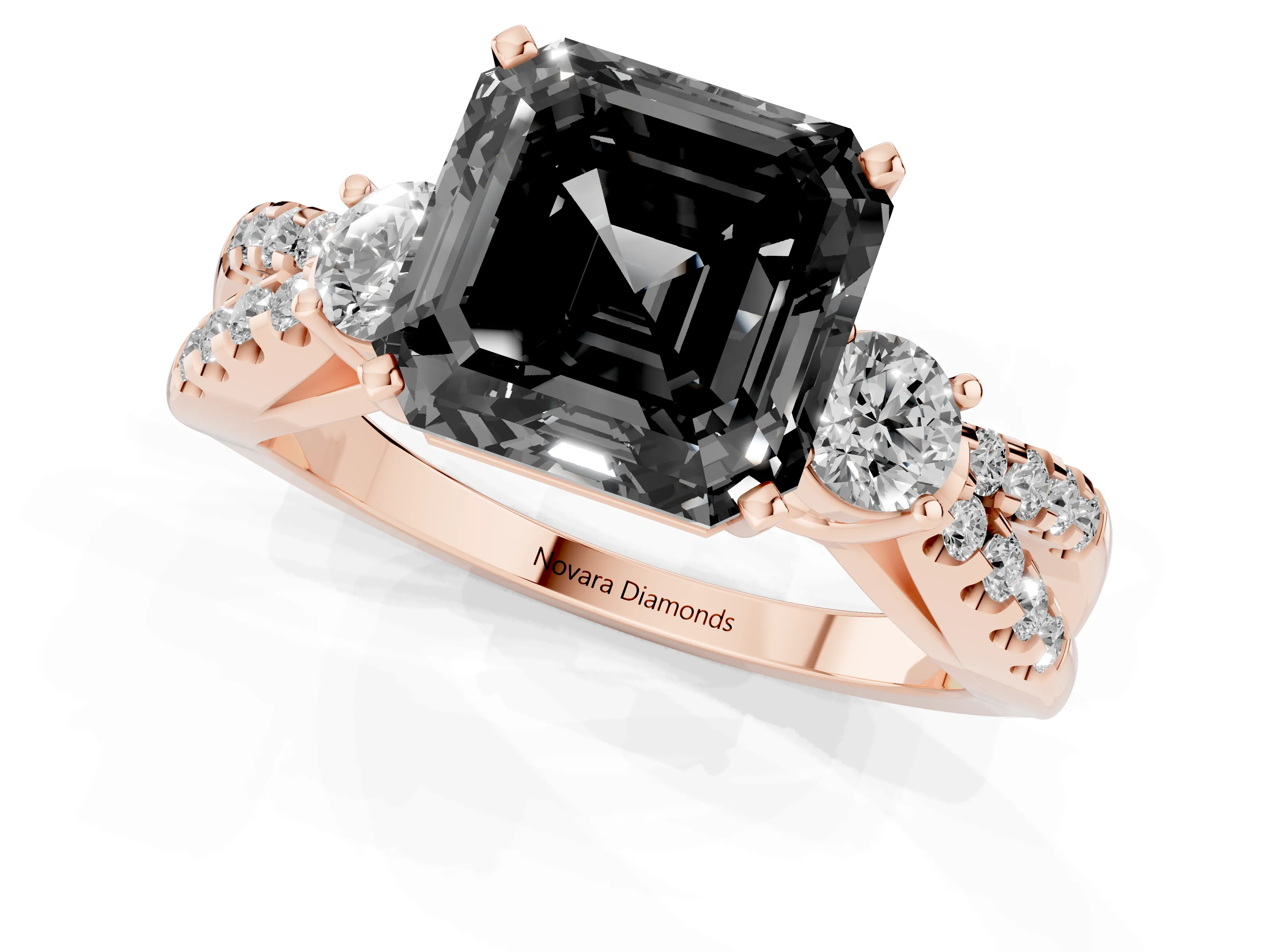 Fancy Black Asscher Cut Diamond Three-Stone Ring Set in Rose gold with Pavé Split Shank and Prong Setting
