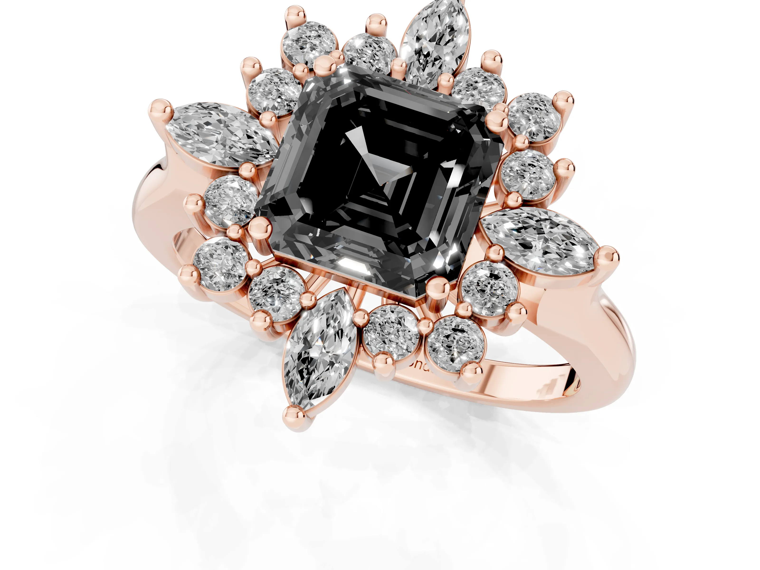 Fancy Black Asscher Cut Diamond Cluster Halo Ring Set in Rose gold with Marquise and Round Accents