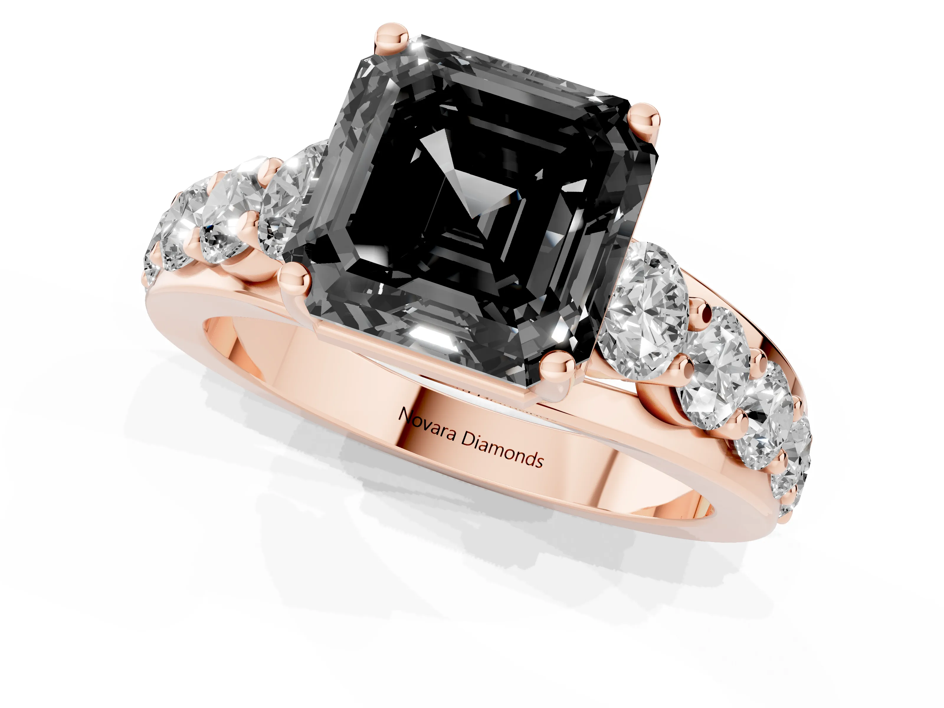 Fancy Black Asscher Cut Diamond Pavé Engagement Ring Set in Rose gold with Prong Setting