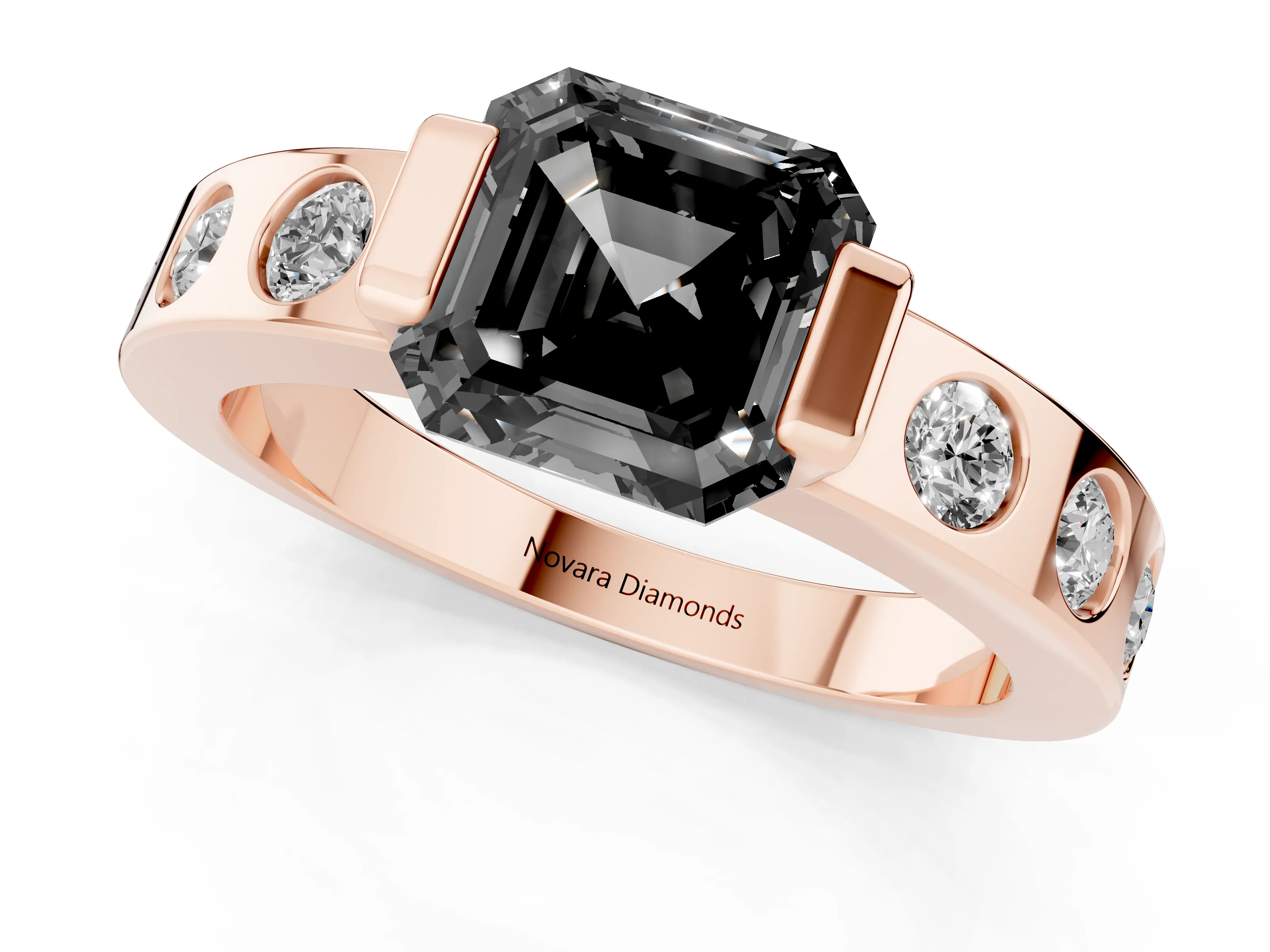 Fancy Black Asscher Cut Diamond Channel-Set Band Ring Set in Rose gold with Bezel Prong Setting