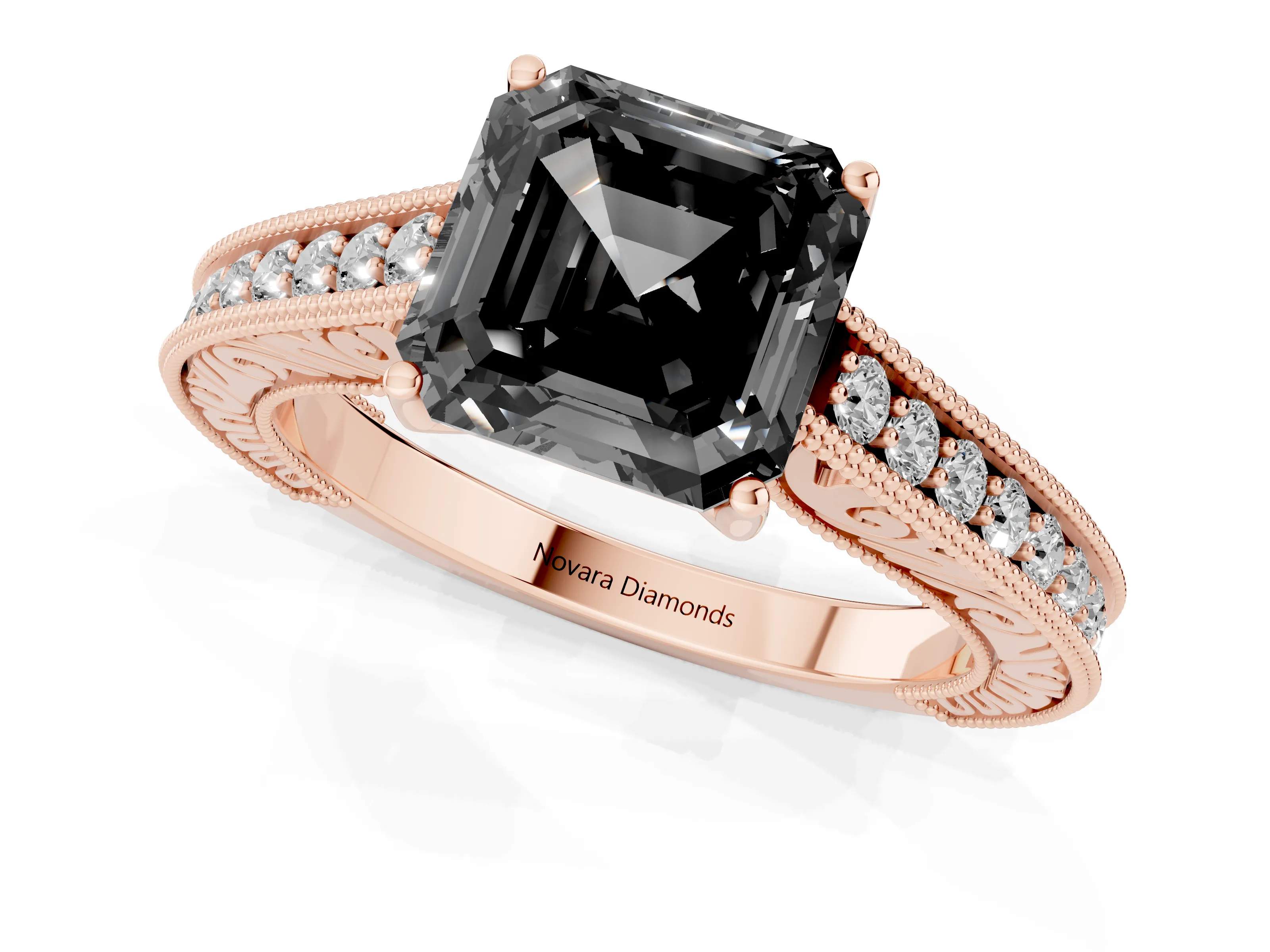 Fancy Black Asscher Cut Diamond Milgrain Pavé Band Solitaire Ring Set in Rose gold with Prong Setting