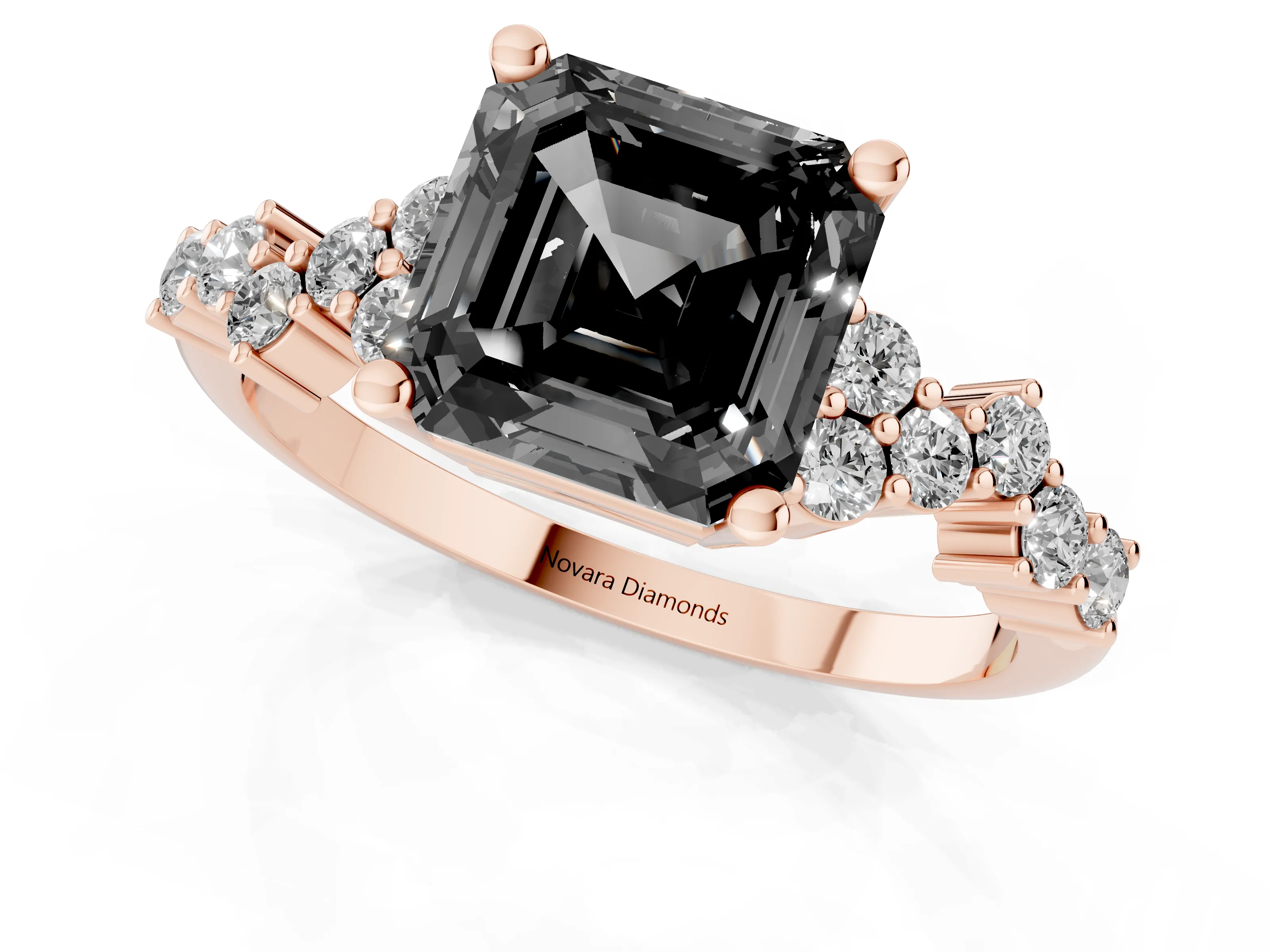 Fancy Black Asscher Cut Diamond Ring Set in Rose gold with Scattered Round Accents