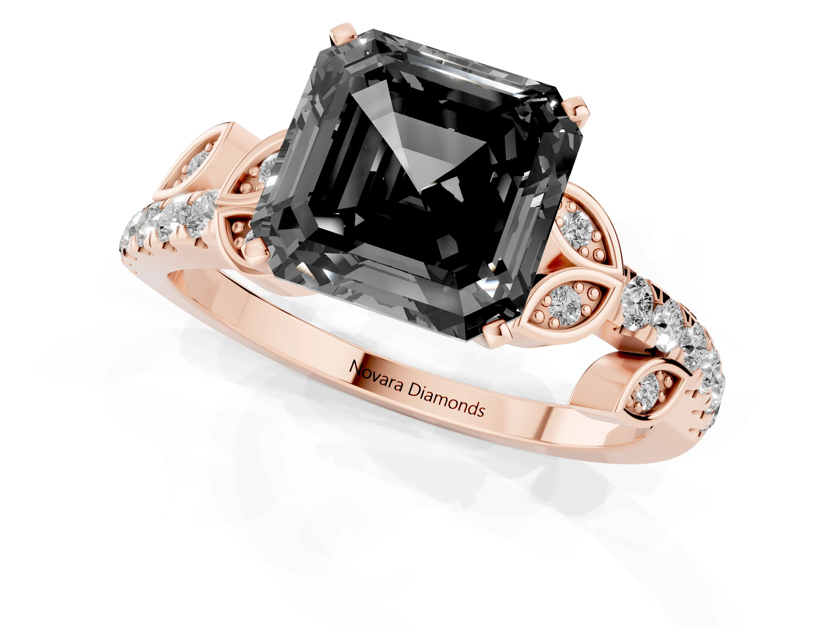 Fancy Black Asscher Cut Diamond Solitaire Leaf-Inspired Ring Set in Rose gold with Pavé Band and Prong Setting