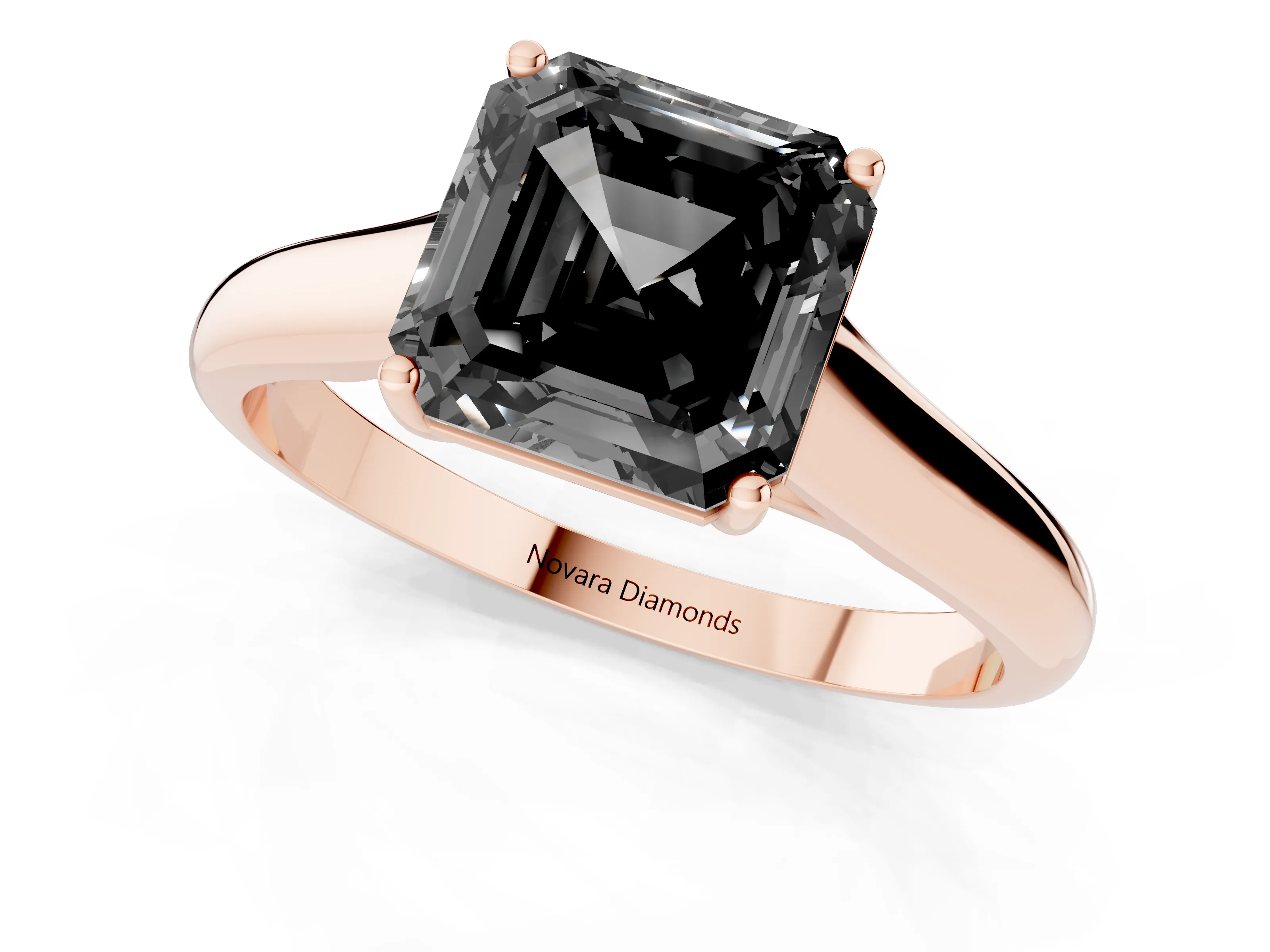 Fancy Black Asscher Cut Diamond Solitaire Engagement Ring Set in Rose gold with Subtly Tapered Band and Prong Setting