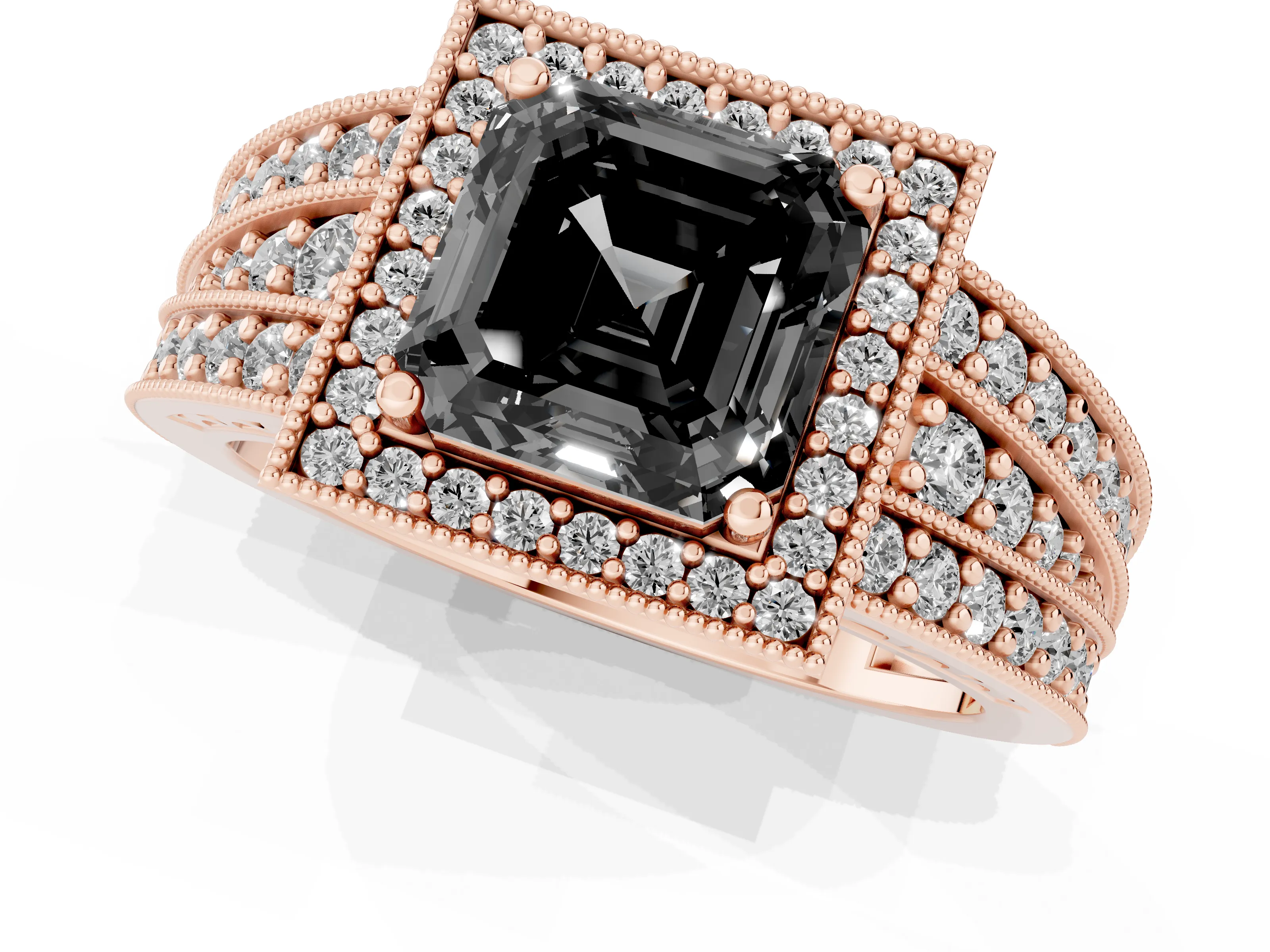 Fancy Black Asscher Cut Diamond Halo Ring Set in Rose gold with Accent Split Shank and Prong Setting
