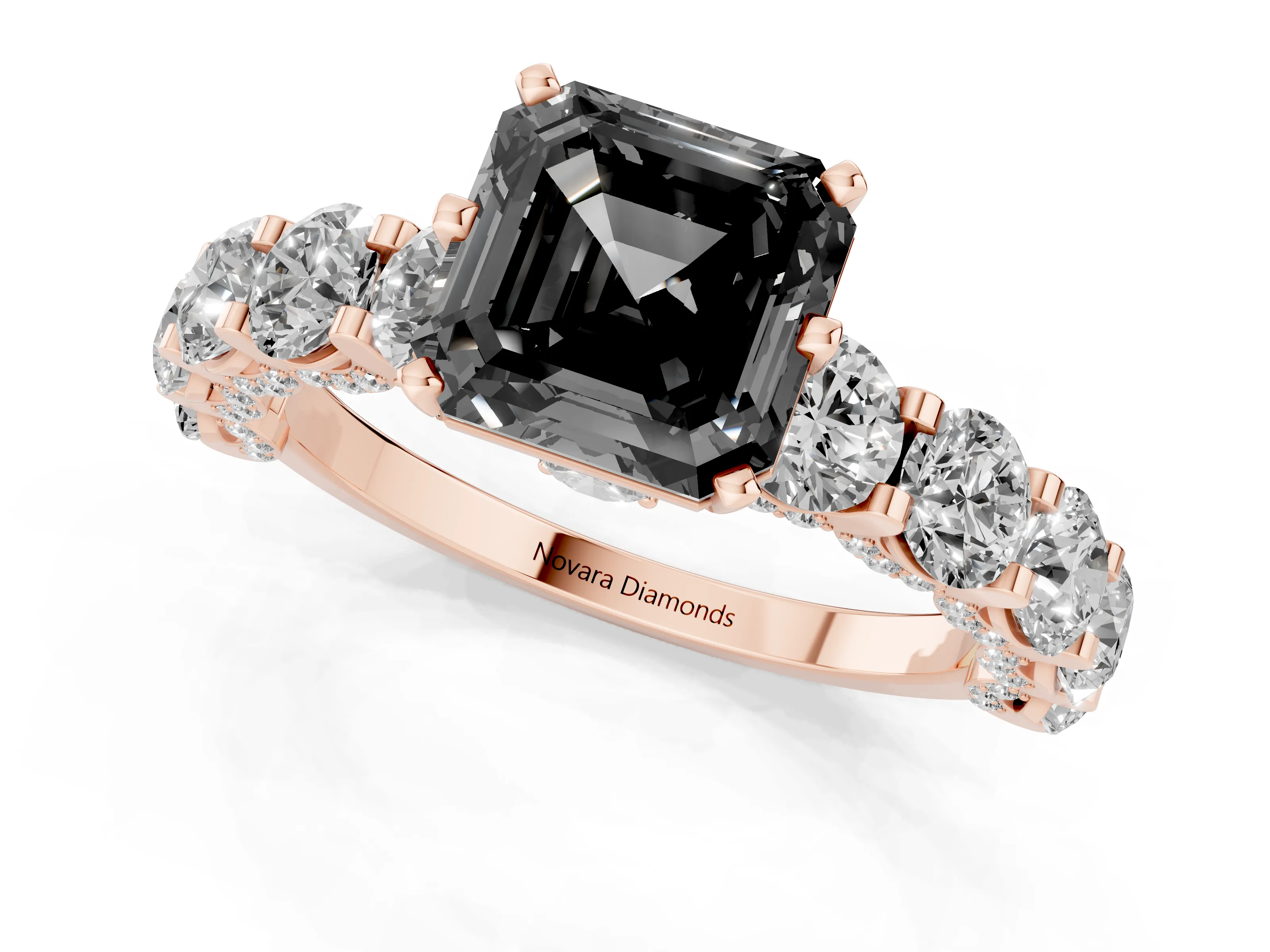 Fancy Black Asscher Cut Diamond Side Stone Ring Set in Rose gold with Alternating Round and Oval Side Stones – second view