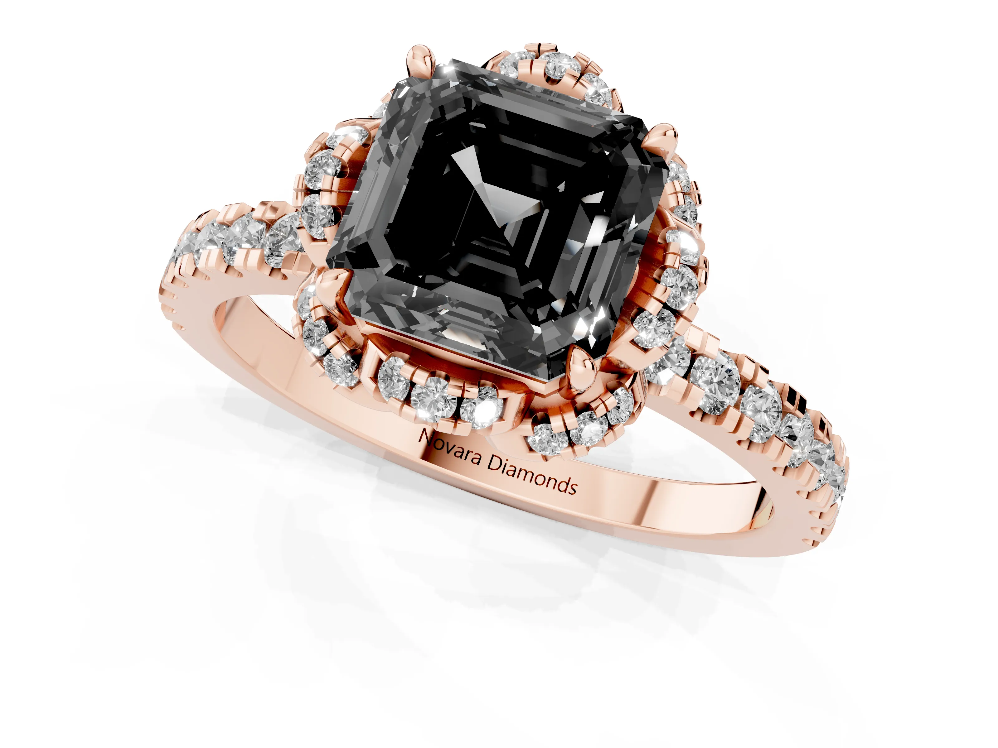 Fancy Black Asscher Cut Diamond Halo Pavé Ring Set in Rose gold with Prong-Held Center Stone
