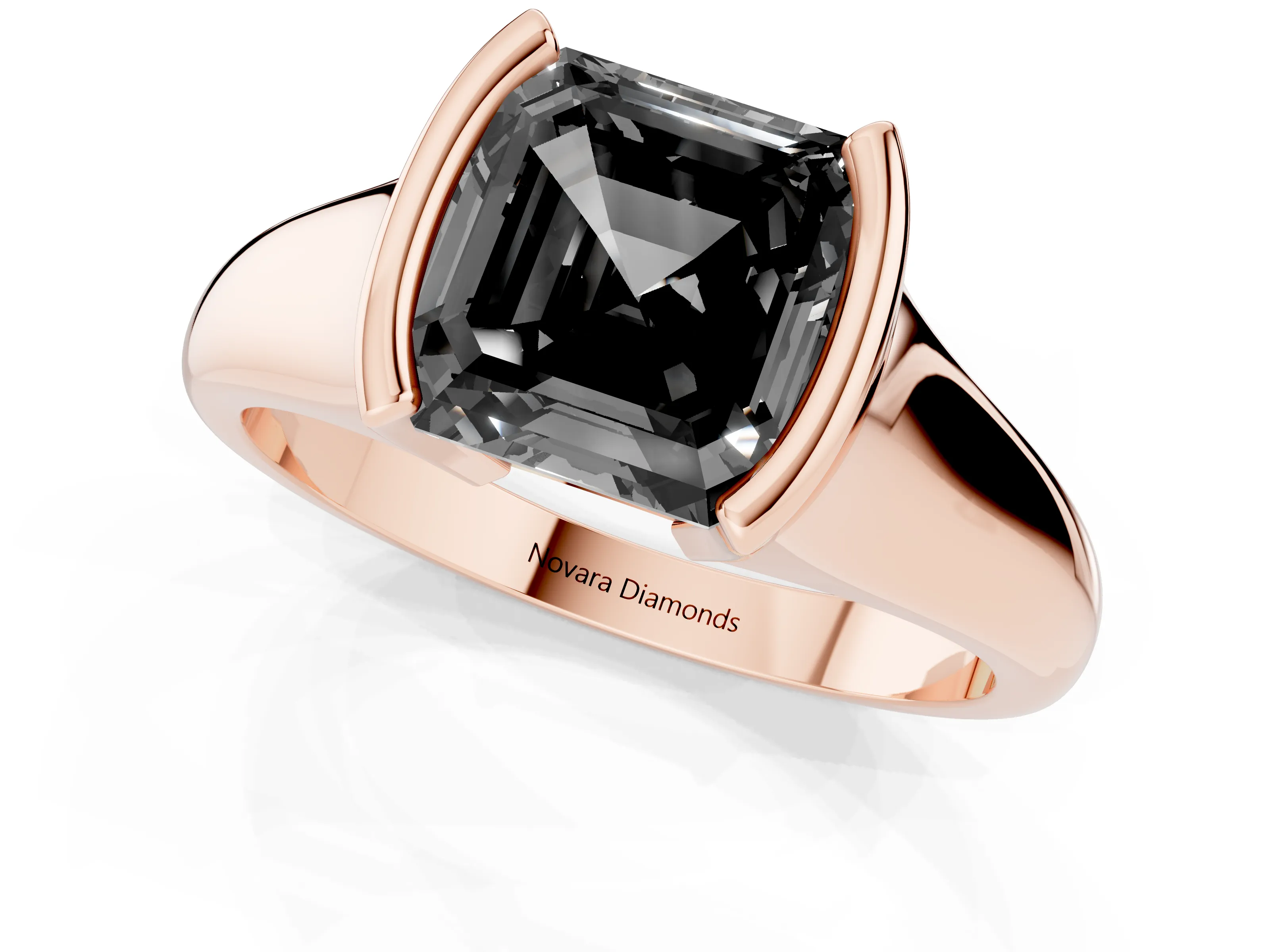 Fancy Black Asscher Cut Diamond Solitaire Tension Set Ring Set in Rose gold with Split Shank Band
