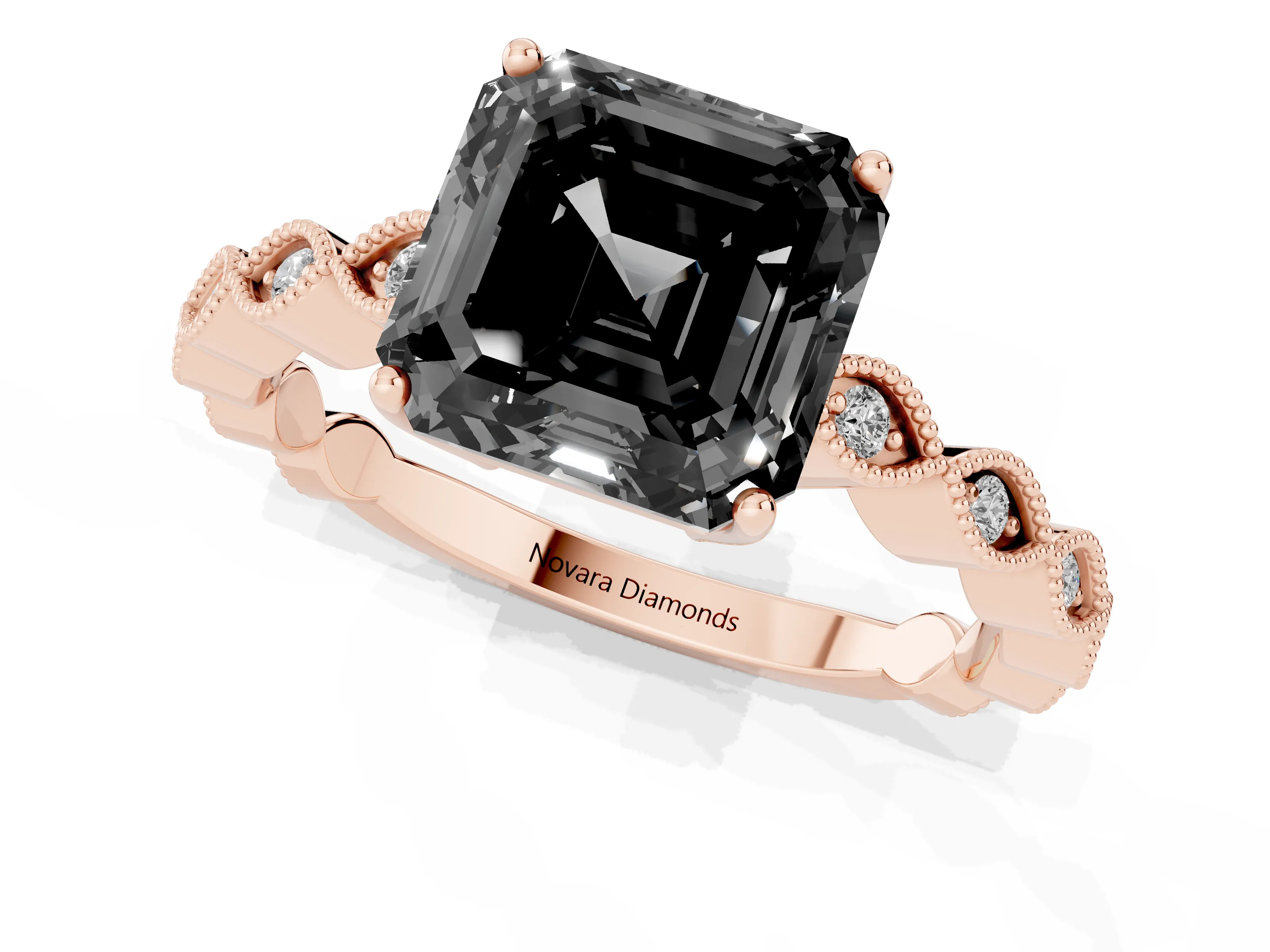 Fancy Black Asscher Cut Diamond Solitaire Ring Set in Rose gold with Infinity Twist Pavé Band