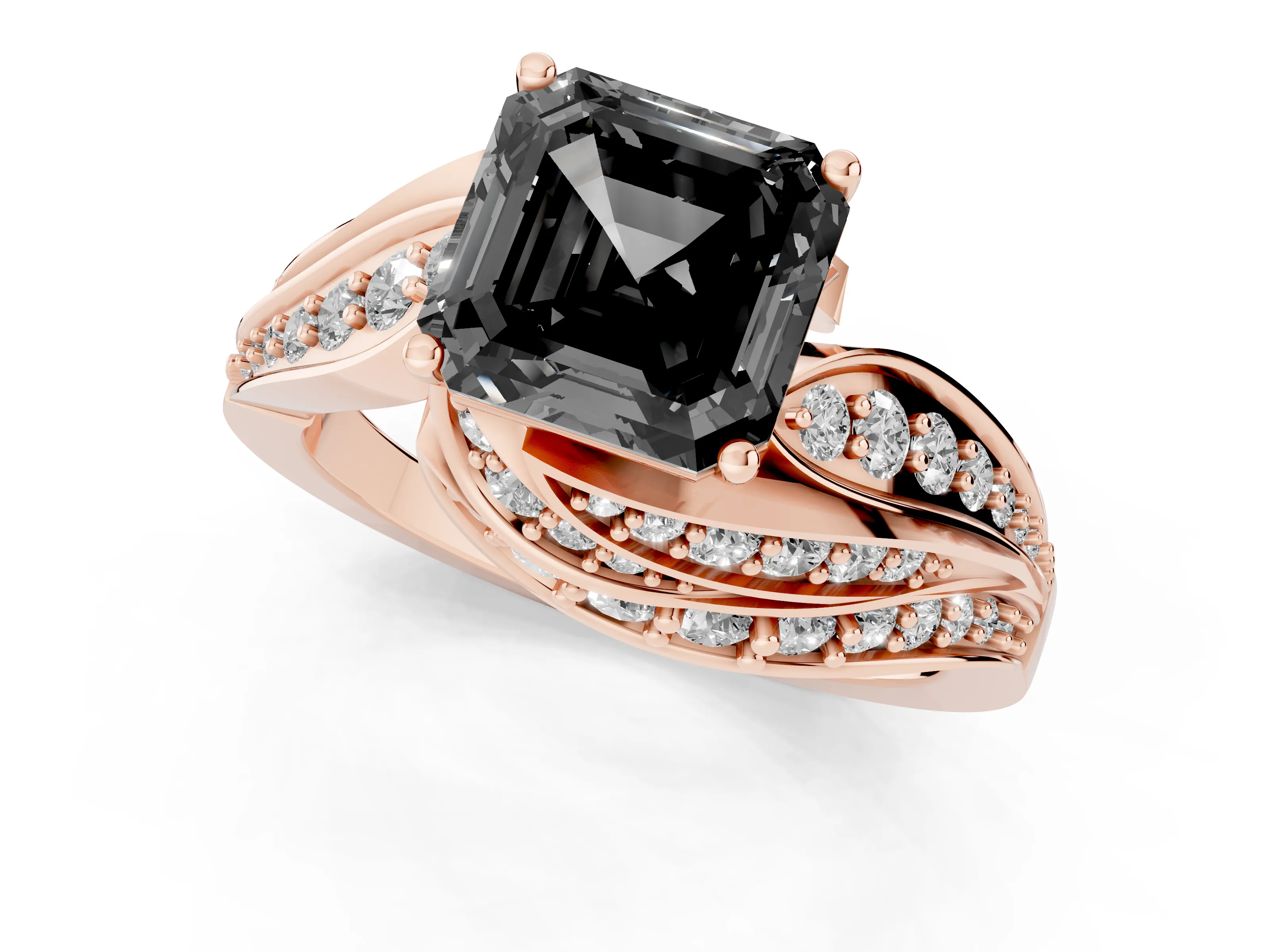 Fancy Black Asscher Cut Diamond Solitaire Ring Set in Rose gold with Layered Twist Pavé Band