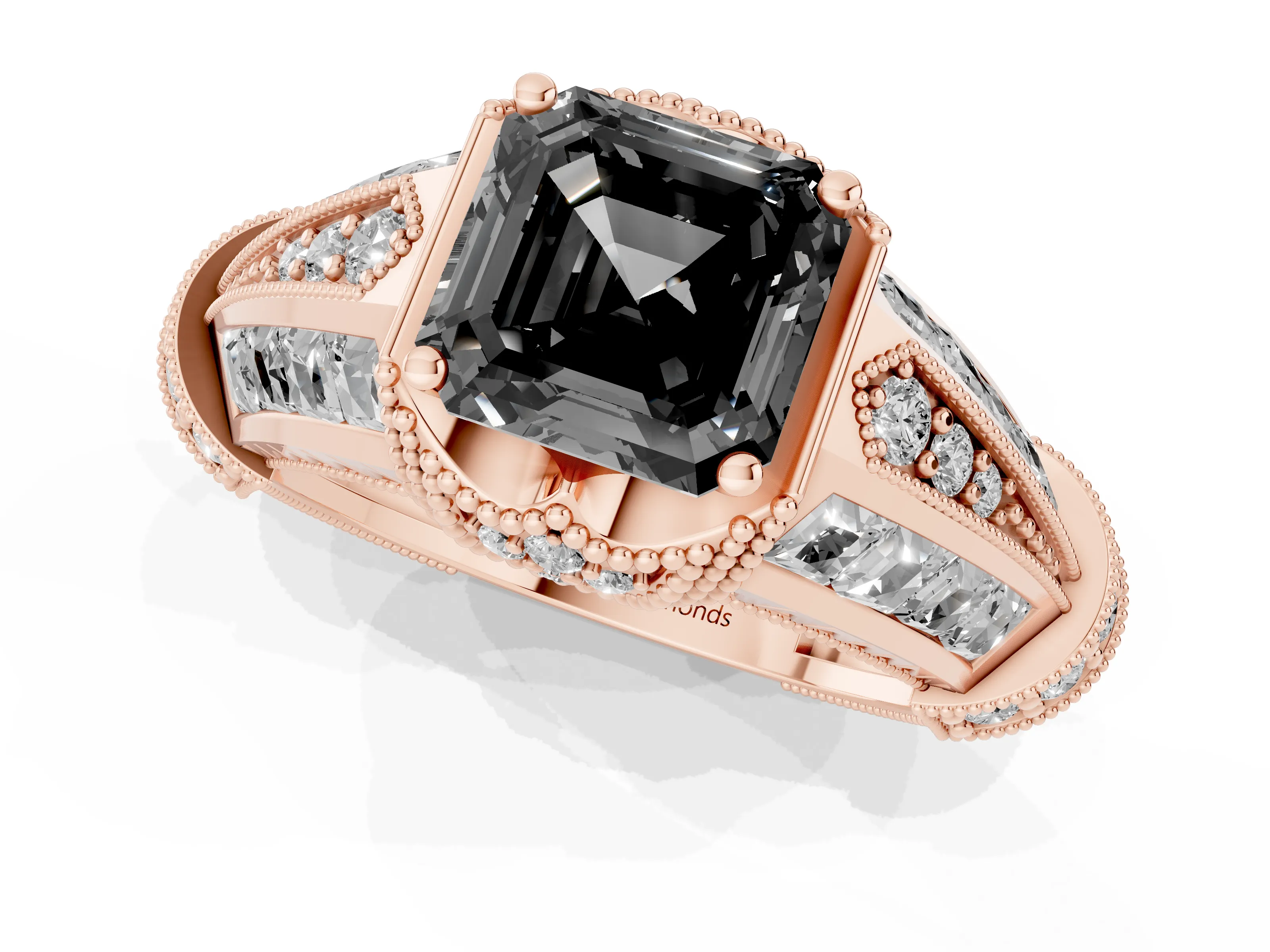 Fancy Black Asscher Cut Diamond Vintage-Inspired Milgrain Ring Set in Rose gold with Accent Split Shank