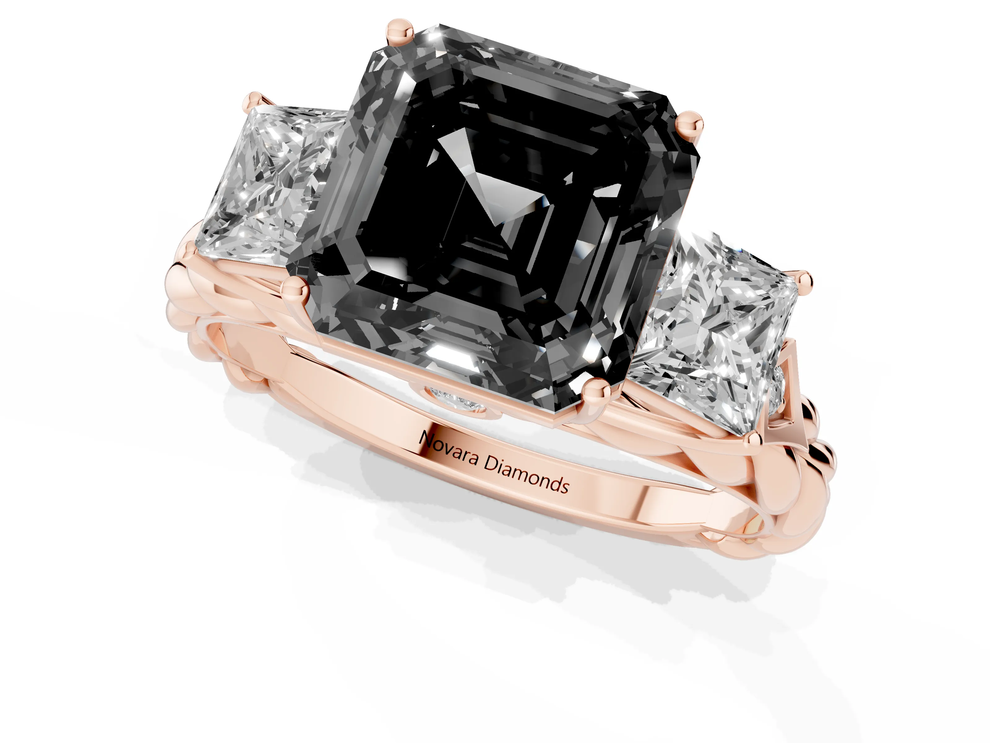 Fancy Black Asscher Cut Diamond Three-Stone Ring Set in Rose gold with Braided Band