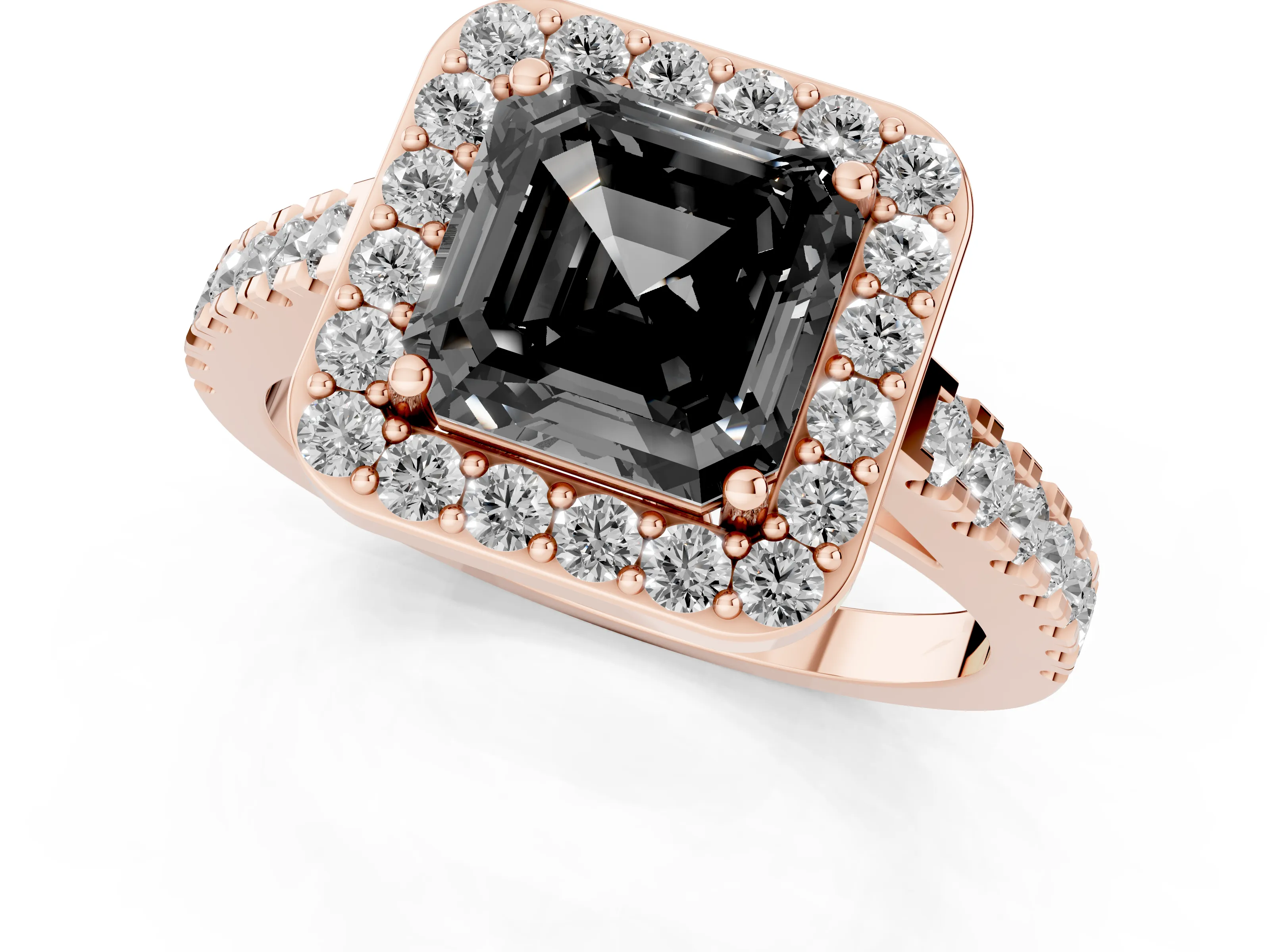Fancy Black Asscher Cut Diamond Halo Ring Set in Rose gold with Round Pavé Split Shank and Prong Setting