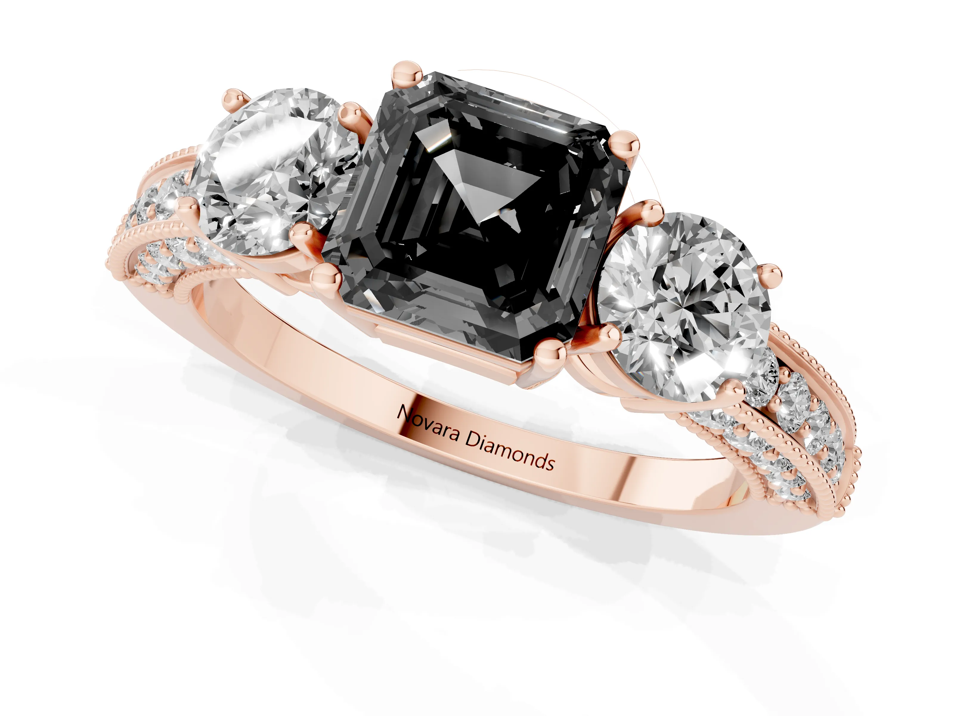 Fancy Black Asscher Cut Diamond Three-Stone Ring Set in Rose gold with Round Side Stones and Pavé Band