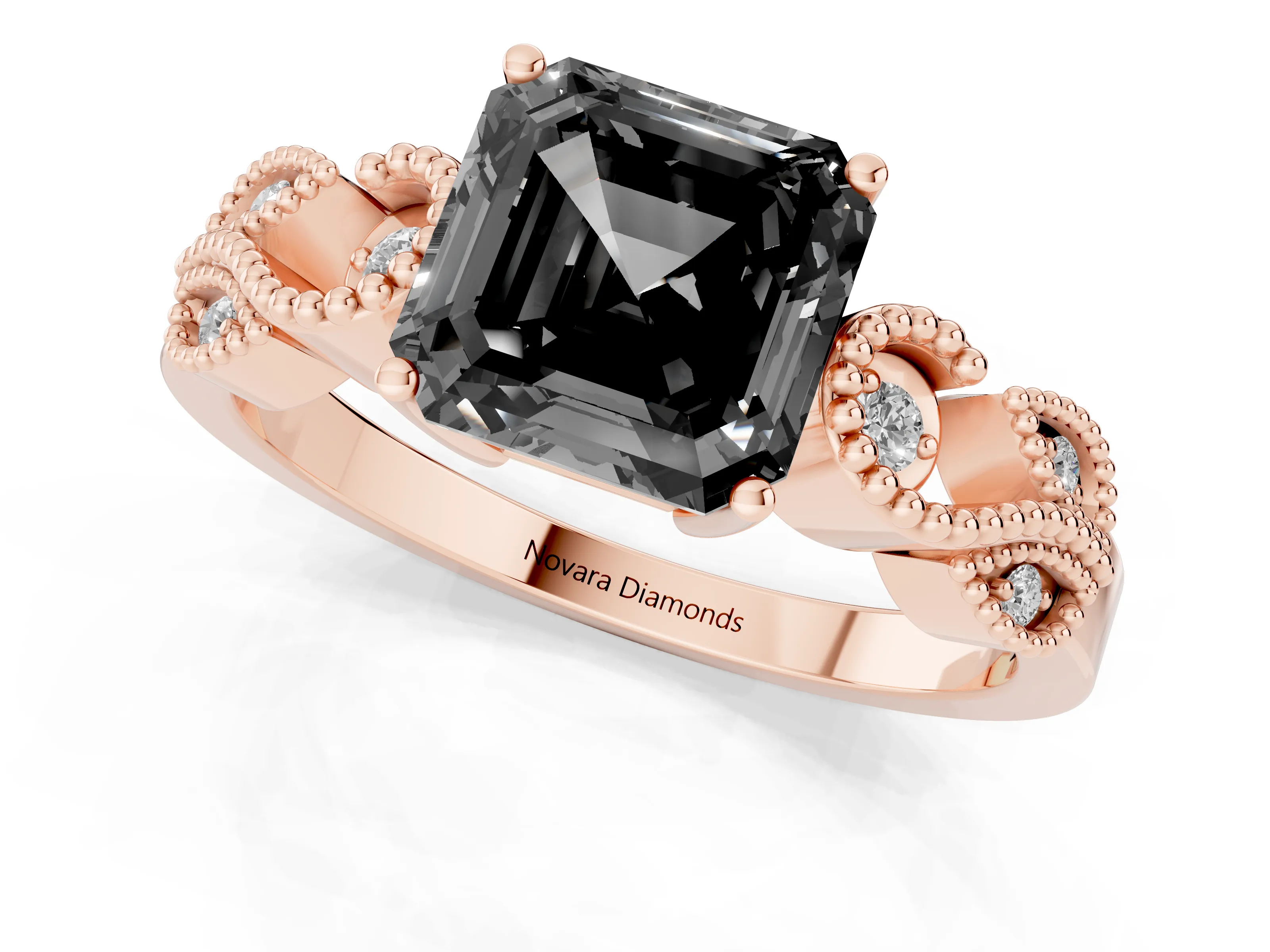 Fancy Black Asscher Cut Diamond Milgrain Leaf Band Solitaire Ring Set in Rose gold with Accent Stones and Prong Setting