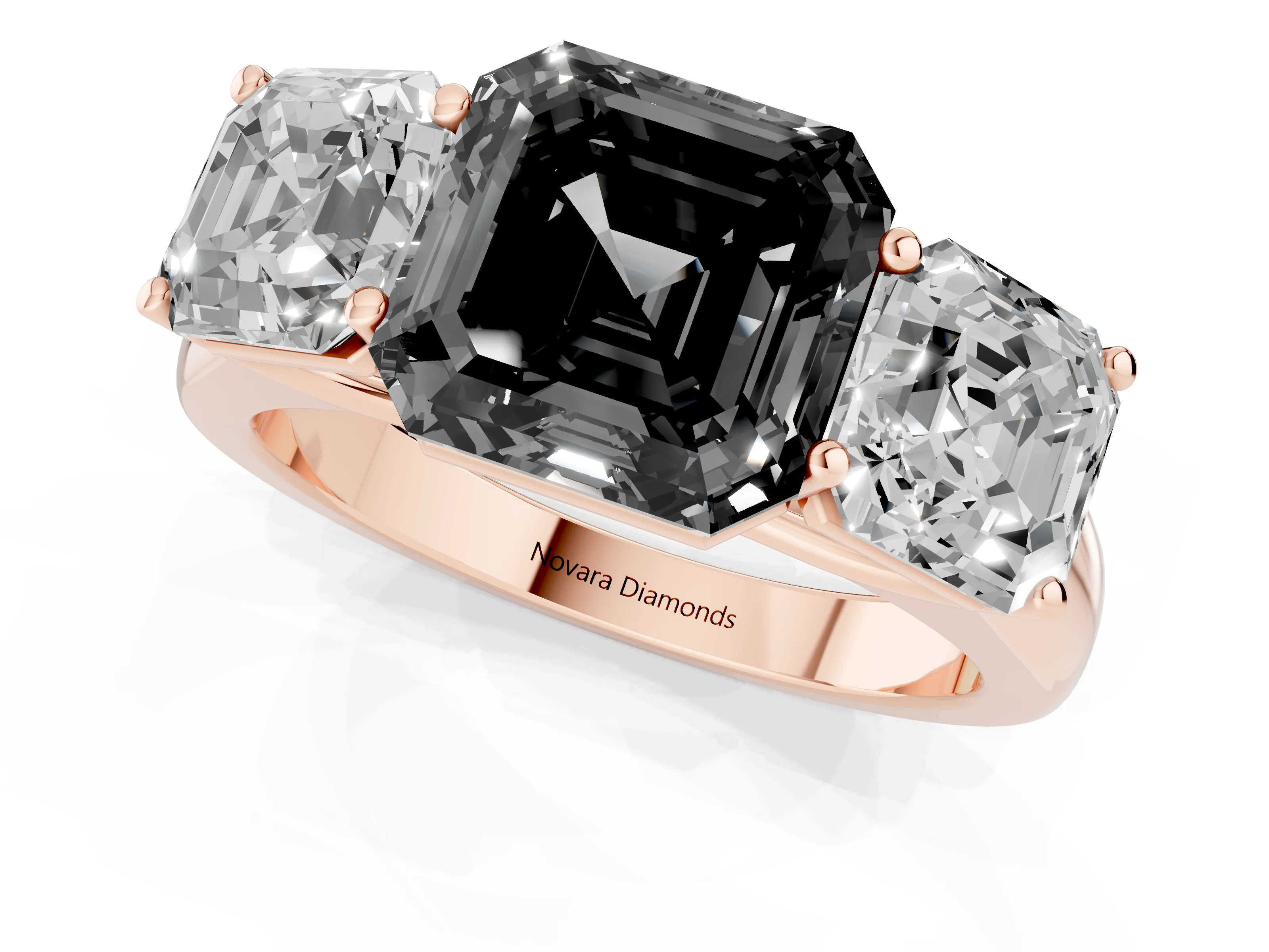 Fancy Black Asscher Cut Diamond Three-Stone Ring Set in Rose gold with Plain Polished Band
