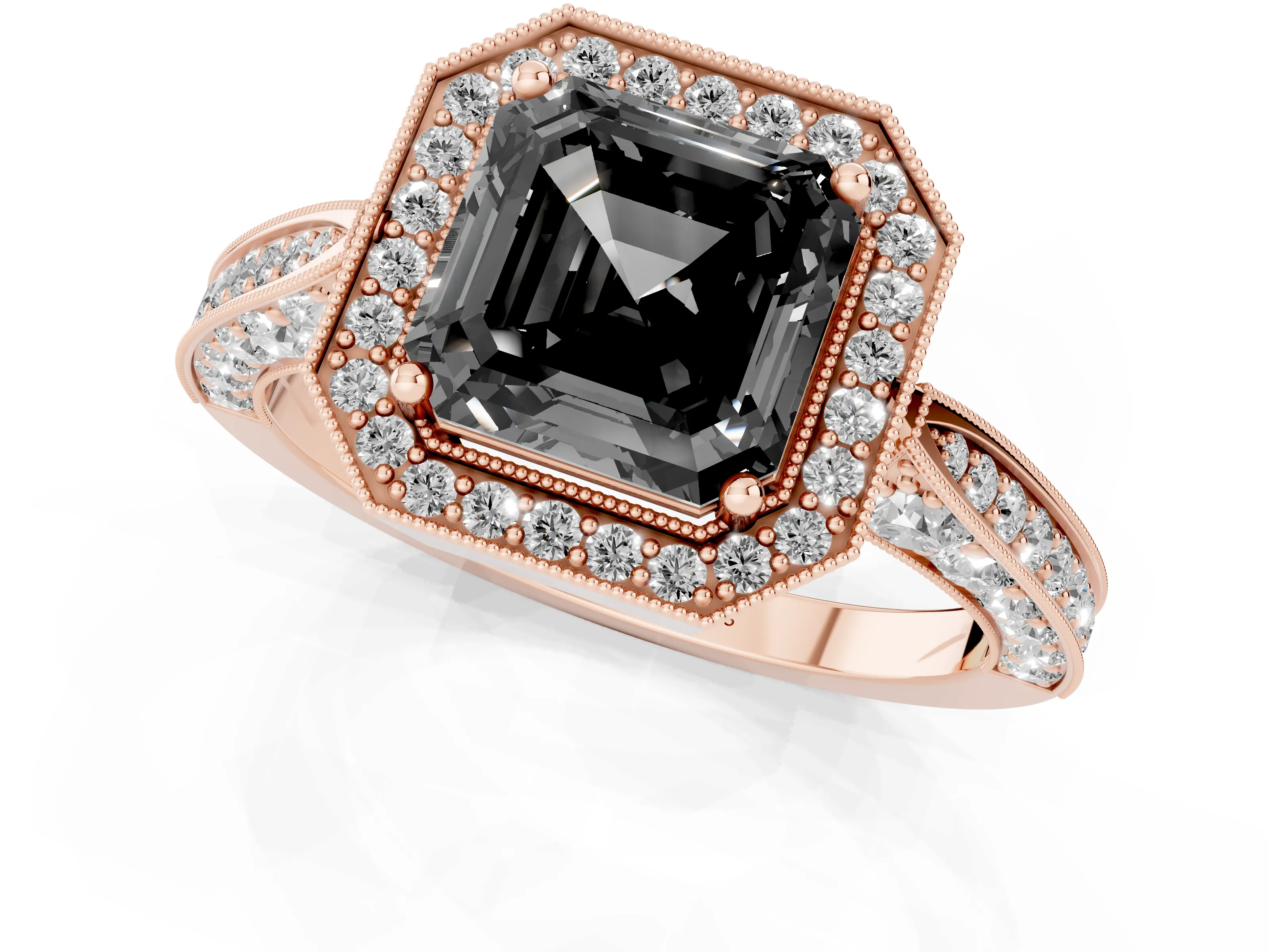 Fancy Black Asscher Cut Diamond Halo Engagement Ring Set in Rose gold with Accent Split Shank Band