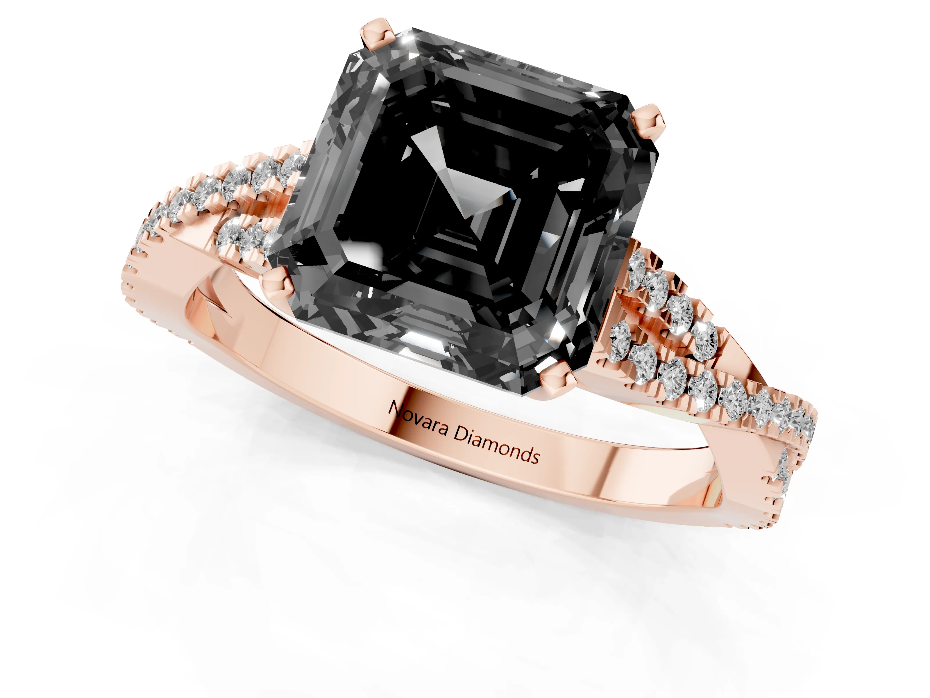 Fancy Black Asscher Cut Diamond Solitaire Engagement Ring Set in Rose gold with Twisted Pavé Band and Prong Setting