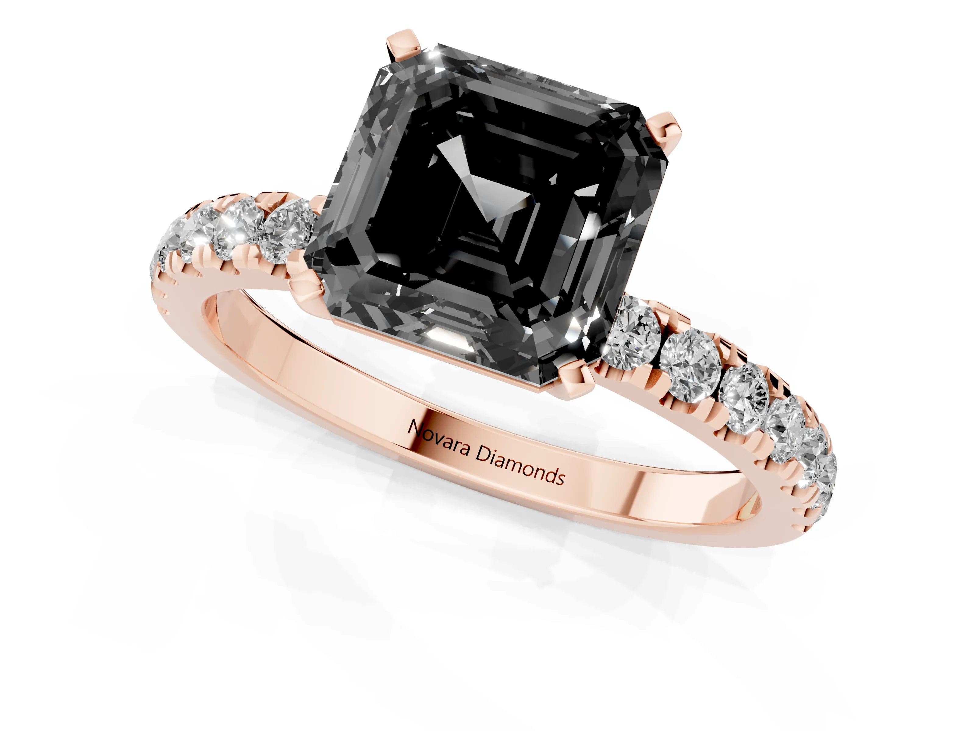 Fancy Black Asscher Cut Diamond Solitaire Ring Set in Rose gold with Pavé Accents and Prong Setting