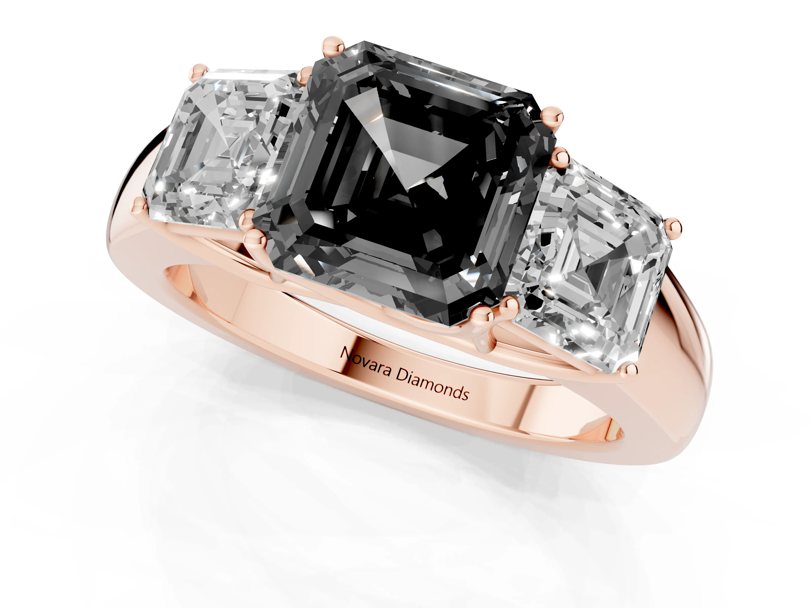 Fancy Black Three-Stone Asscher Cut Diamond Ring Set in Rose gold with Matching Prong Settings and Plain Band