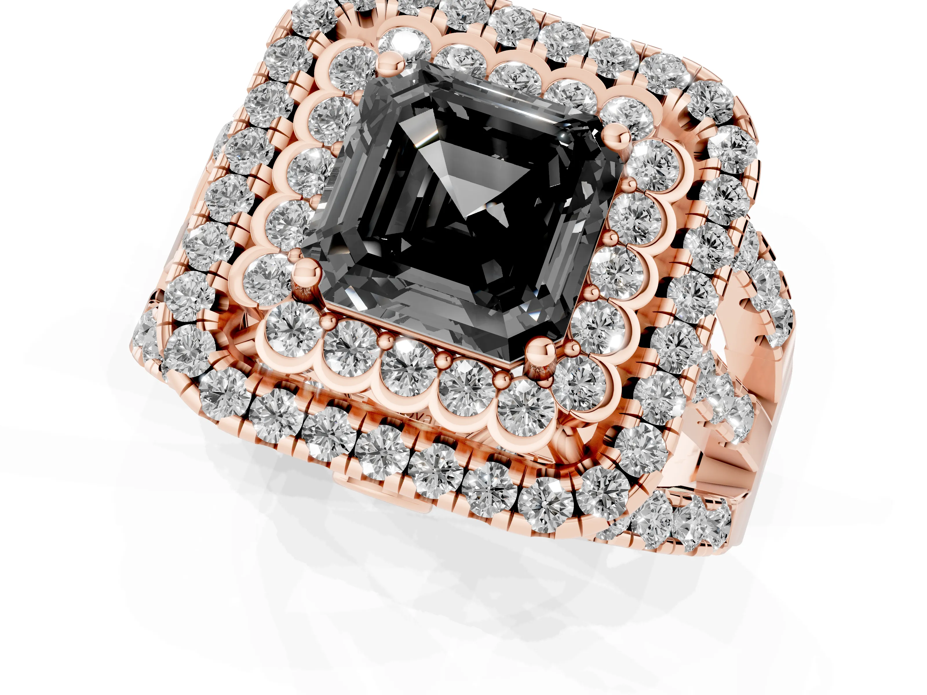 Fancy Black Asscher Cut Diamond Double Halo Ring Set in Rose gold with Round Pavé Split Shank