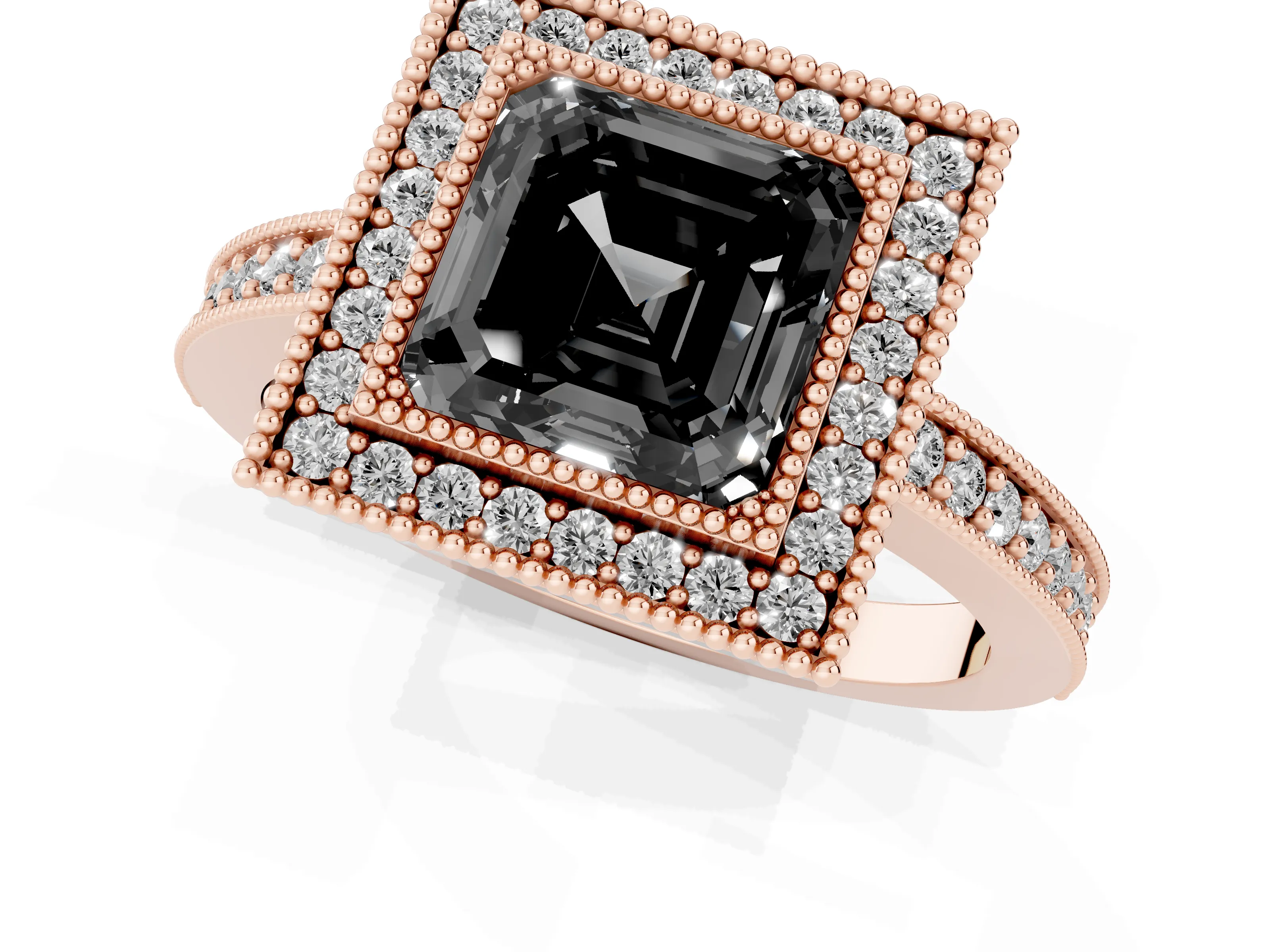 Fancy Black Asscher Cut Diamond Halo Engagement Ring Set in Rose gold with Pavé Band and Round Halo Stones