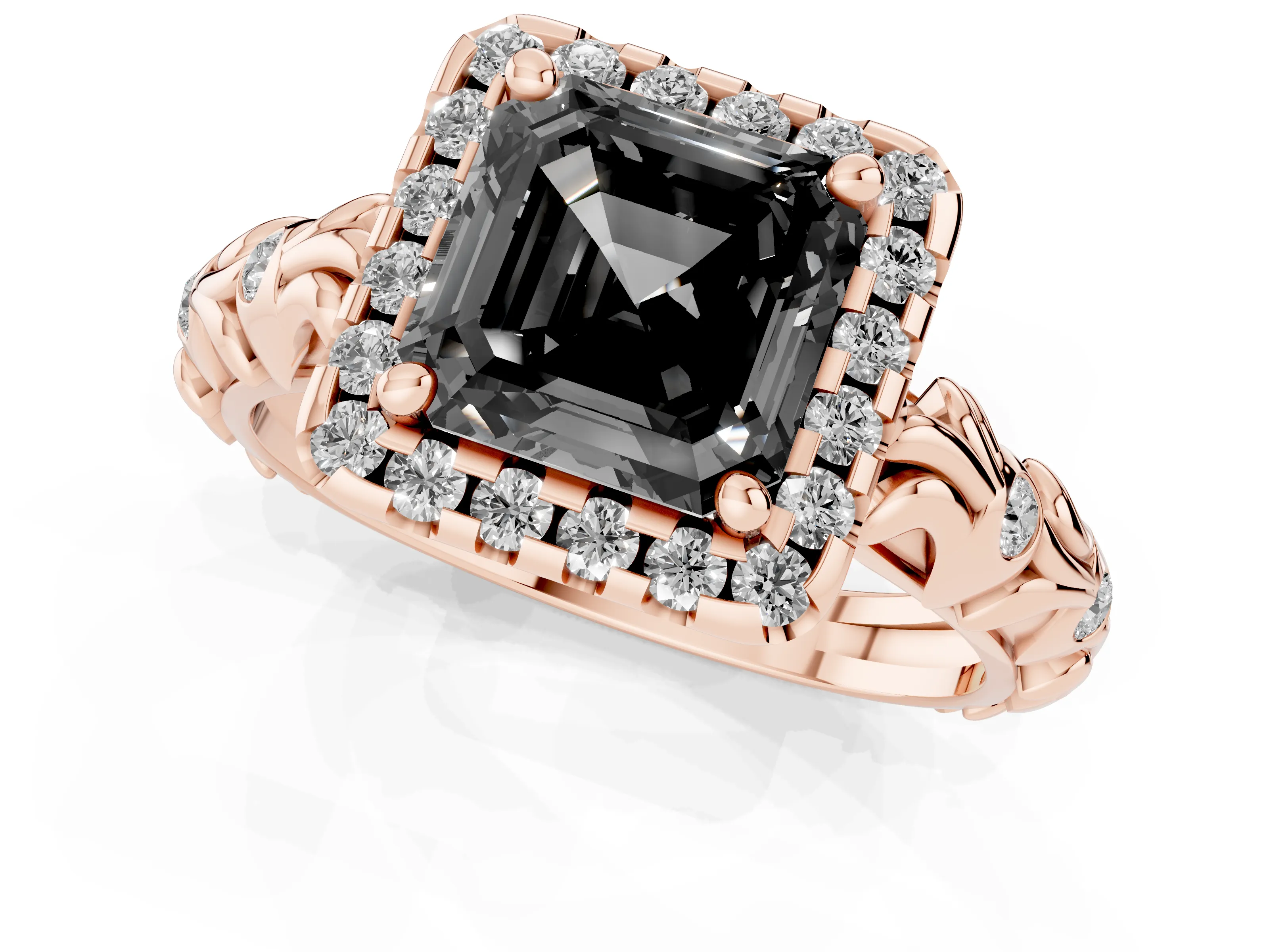 Fancy Black Asscher Cut Diamond Halo Ring Set in Rose gold with Filigree Leaf Band and Prong Setting