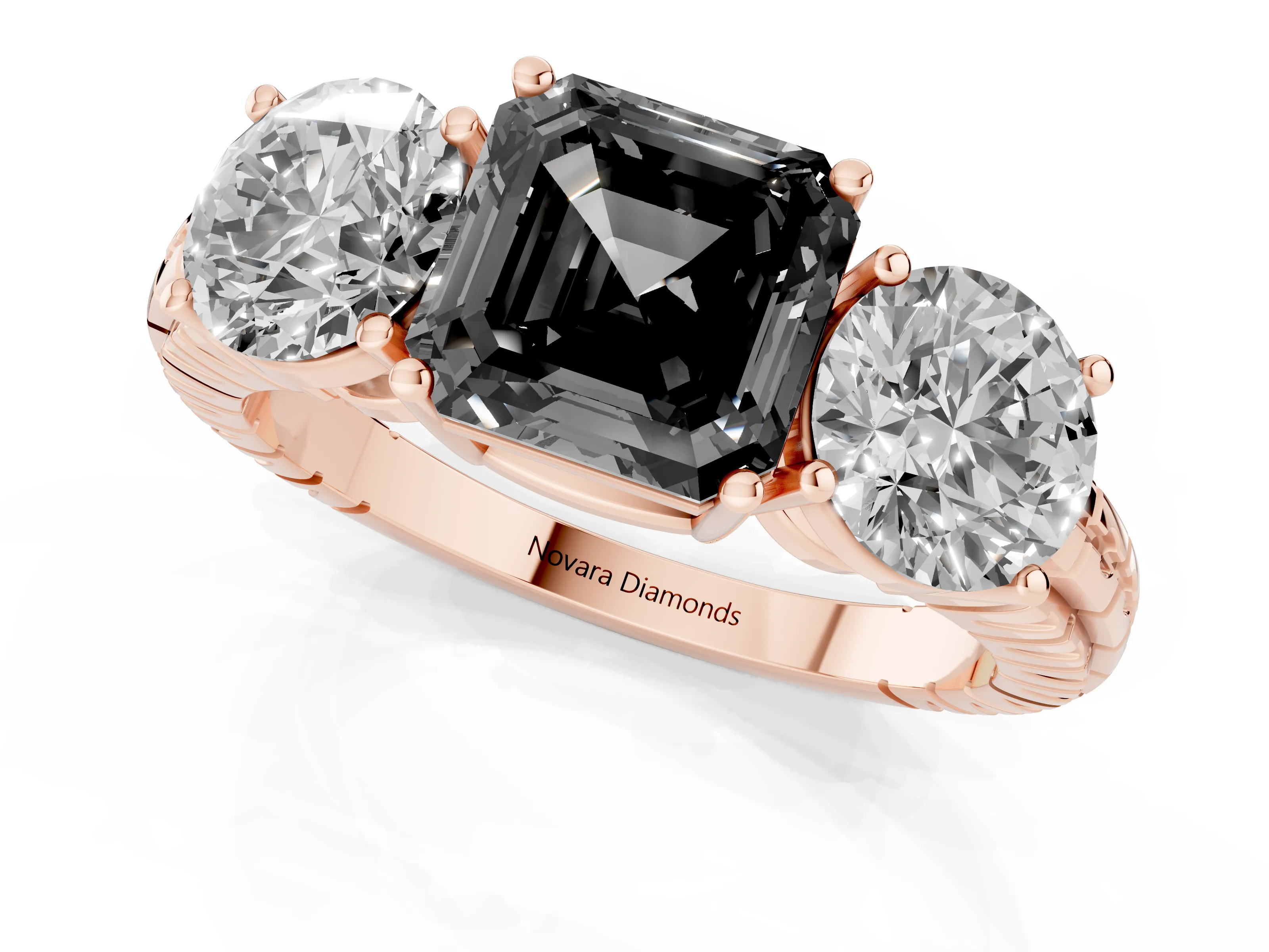 Fancy Black Asscher Cut Diamond Three-Stone Ring Set in Rose gold with Channel-Set Accent Band