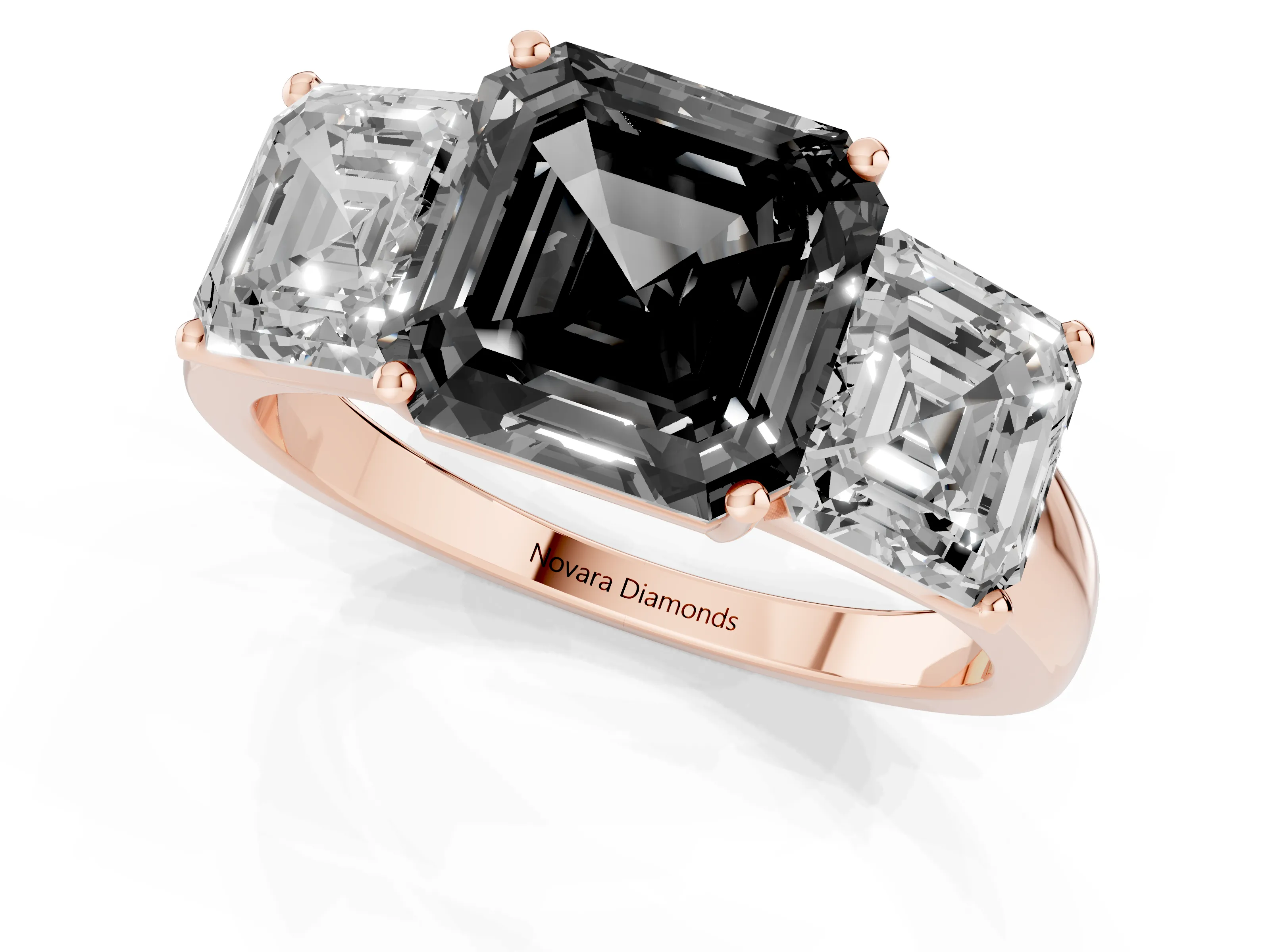 Fancy Black Asscher Cut Diamond Three-Stone Ring Set in Rose gold with Classic Prong Setting and Plain Band