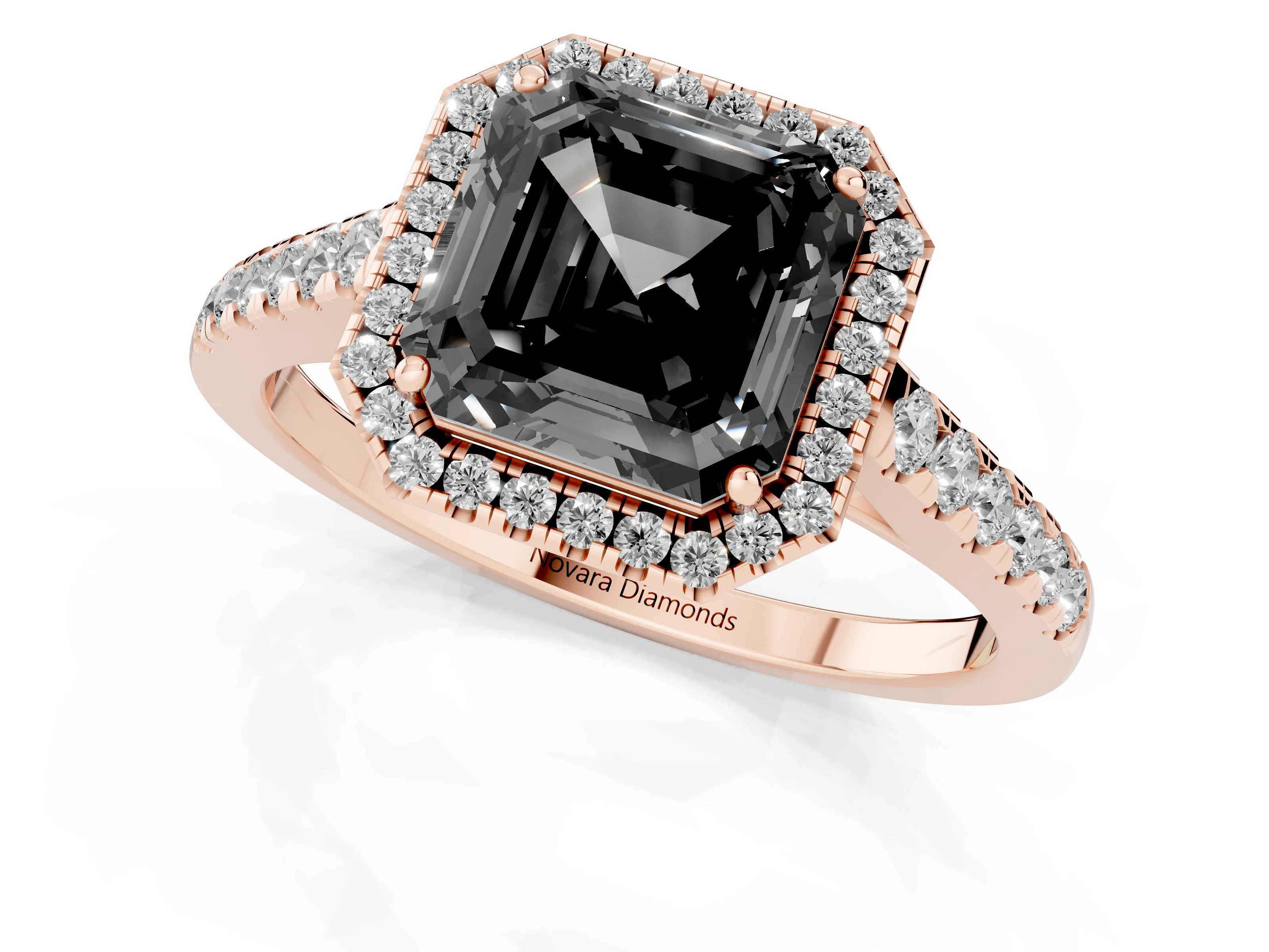 Fancy Black Asscher Cut Diamond Halo Pavé Engagement Ring Set in Rose gold with Prong Setting