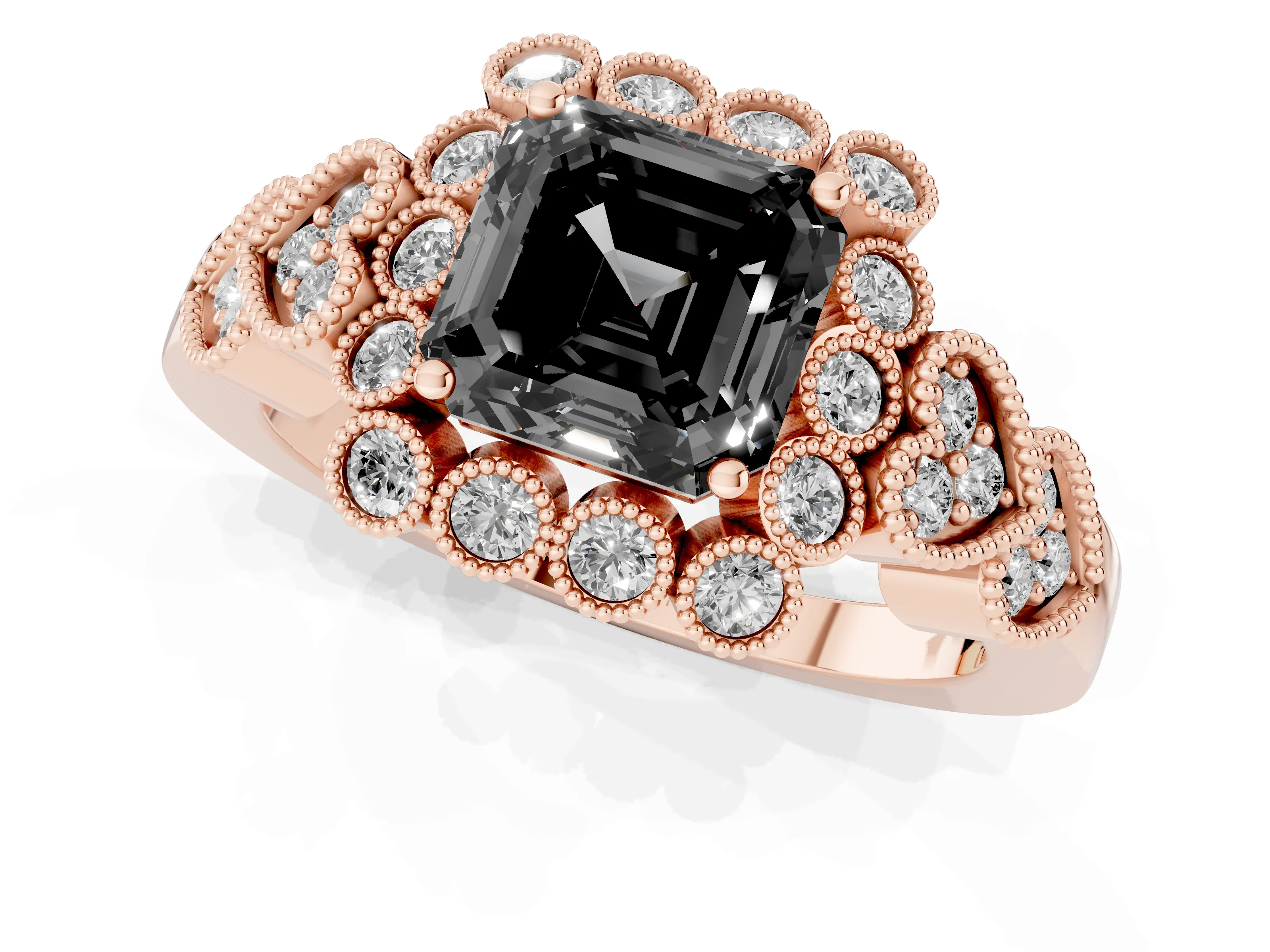 Fancy Black Asscher Cut Diamond Solitaire Ring Set in Rose gold with Milgrain Pavé Heart Band