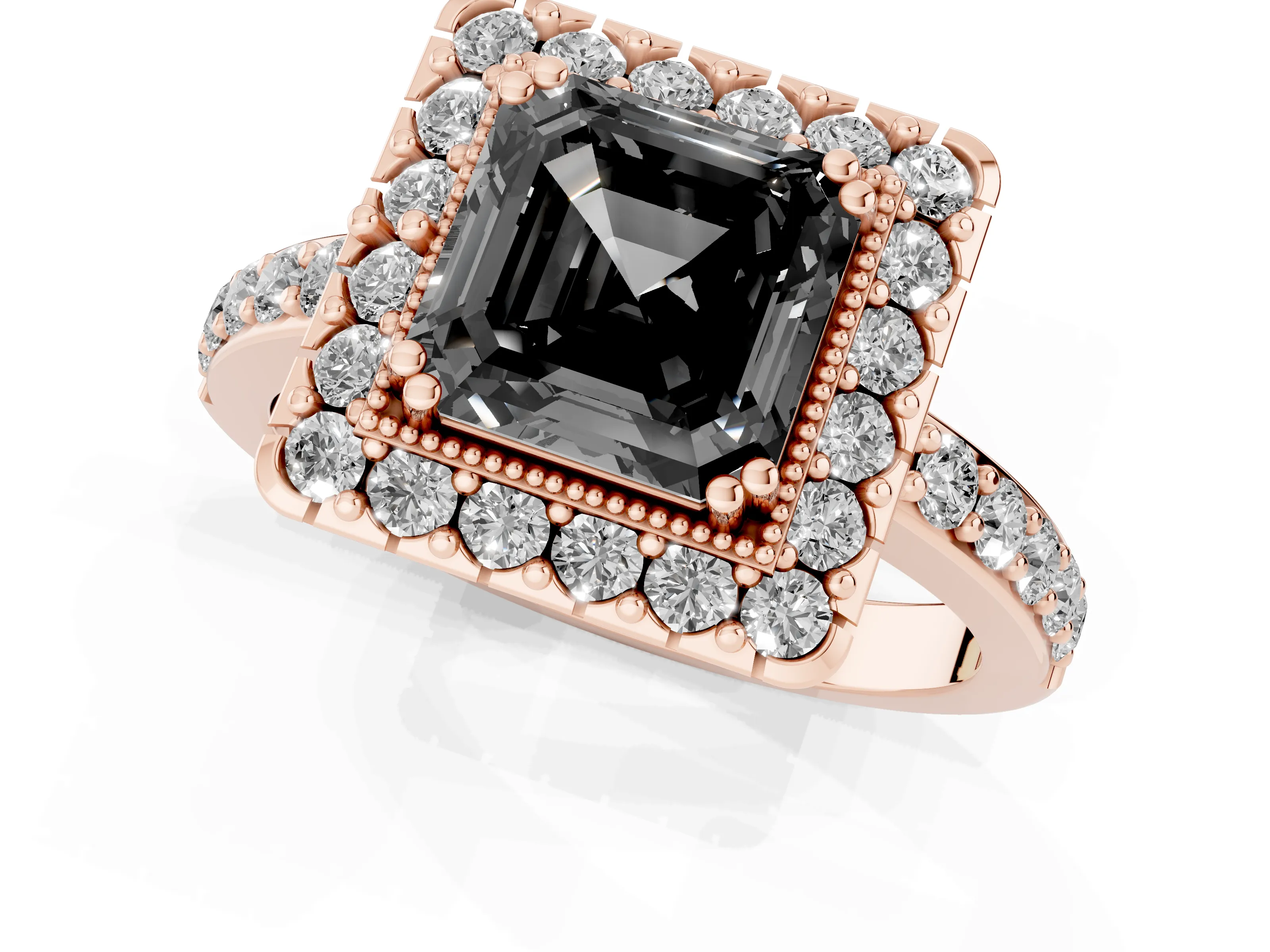 Fancy Black Asscher Cut Diamond Halo Ring Set in Rose gold with Pavé Shank and Prong Setting