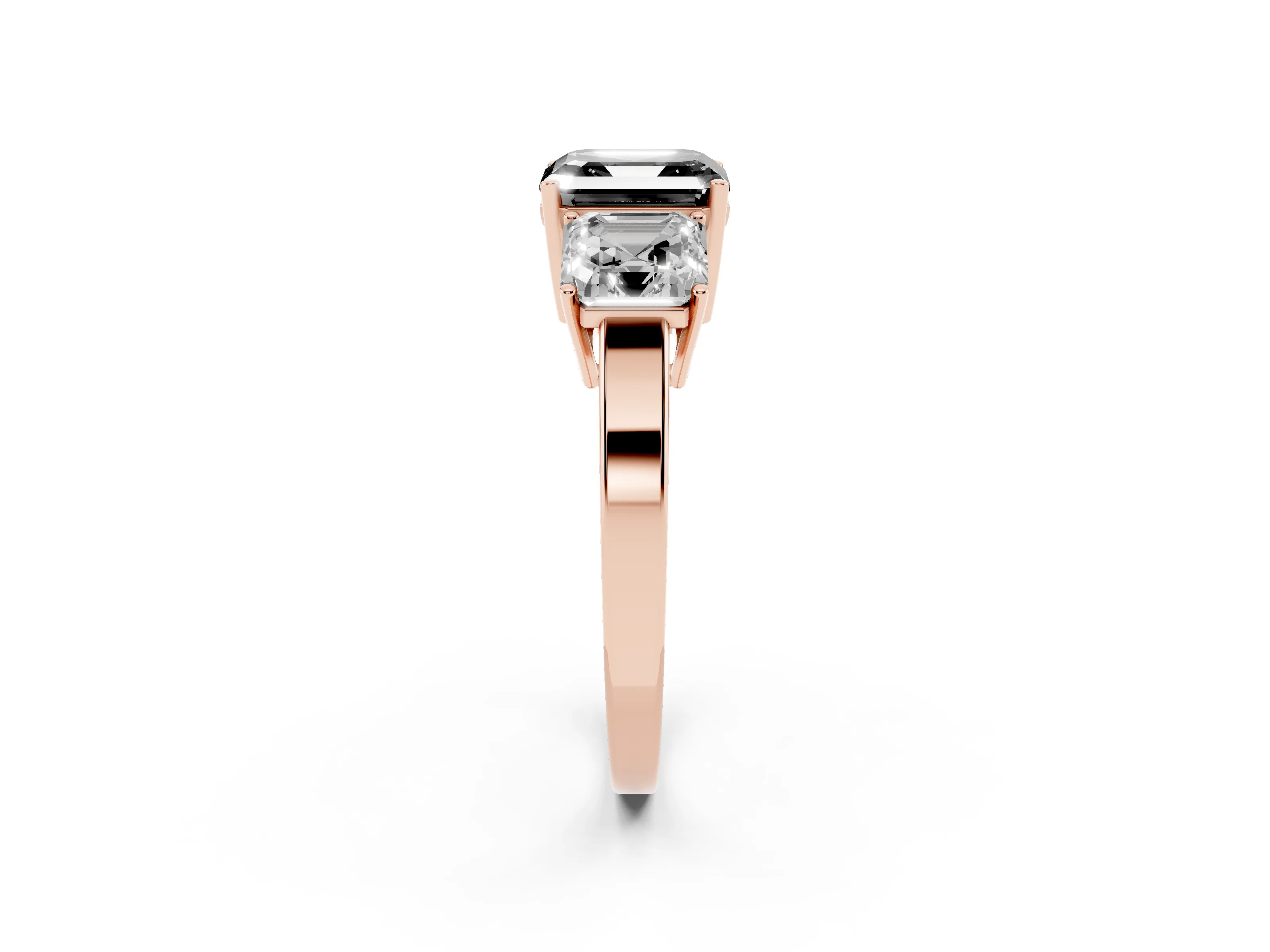 Fancy Black Asscher Cut Diamond Three-Stone Engagement Ring Set in Rose gold with Flat Band