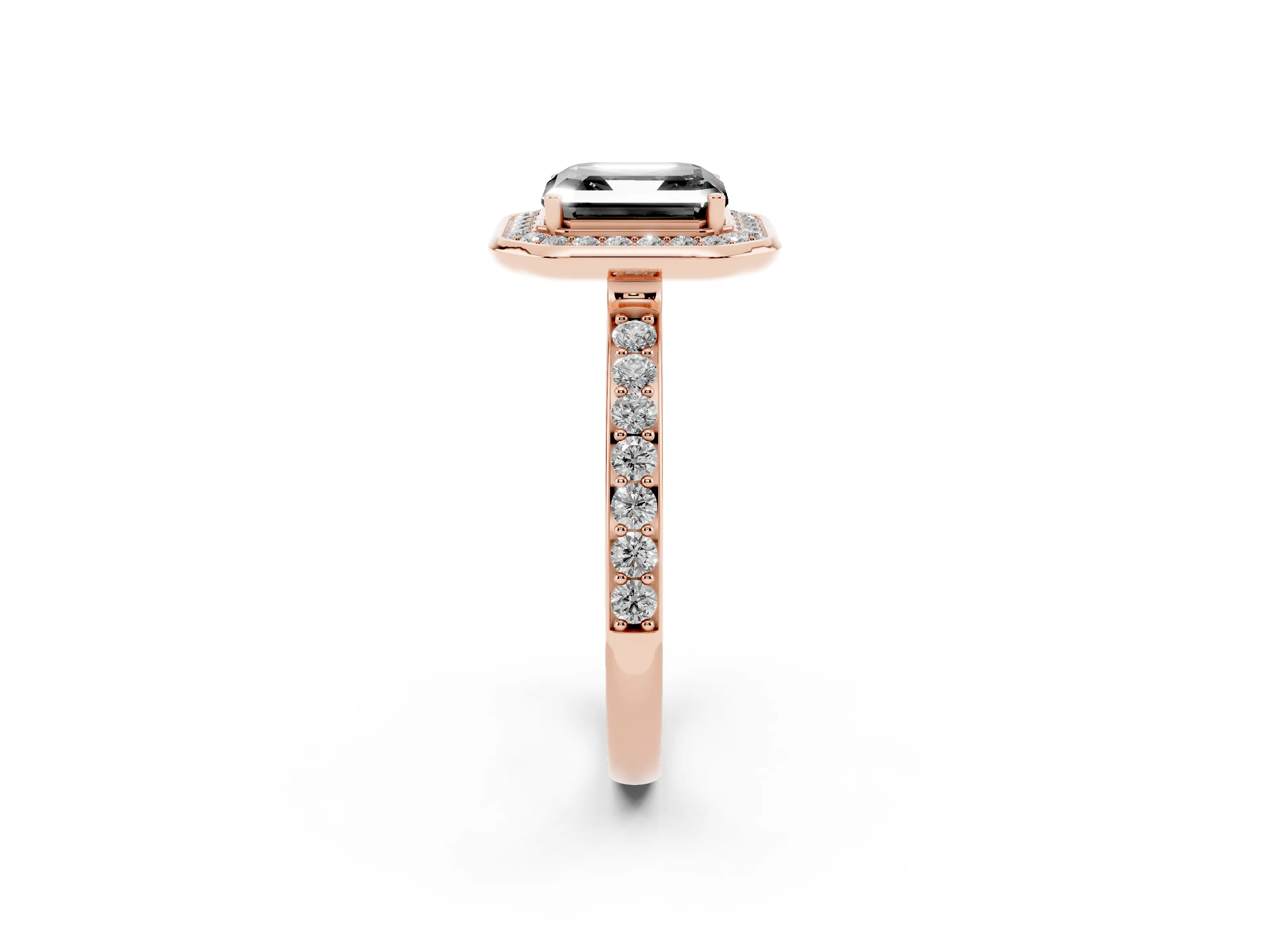 Fancy Black Asscher Cut Diamond Halo Ring Set in Rose gold with Bezel Frame and Pavé Band
