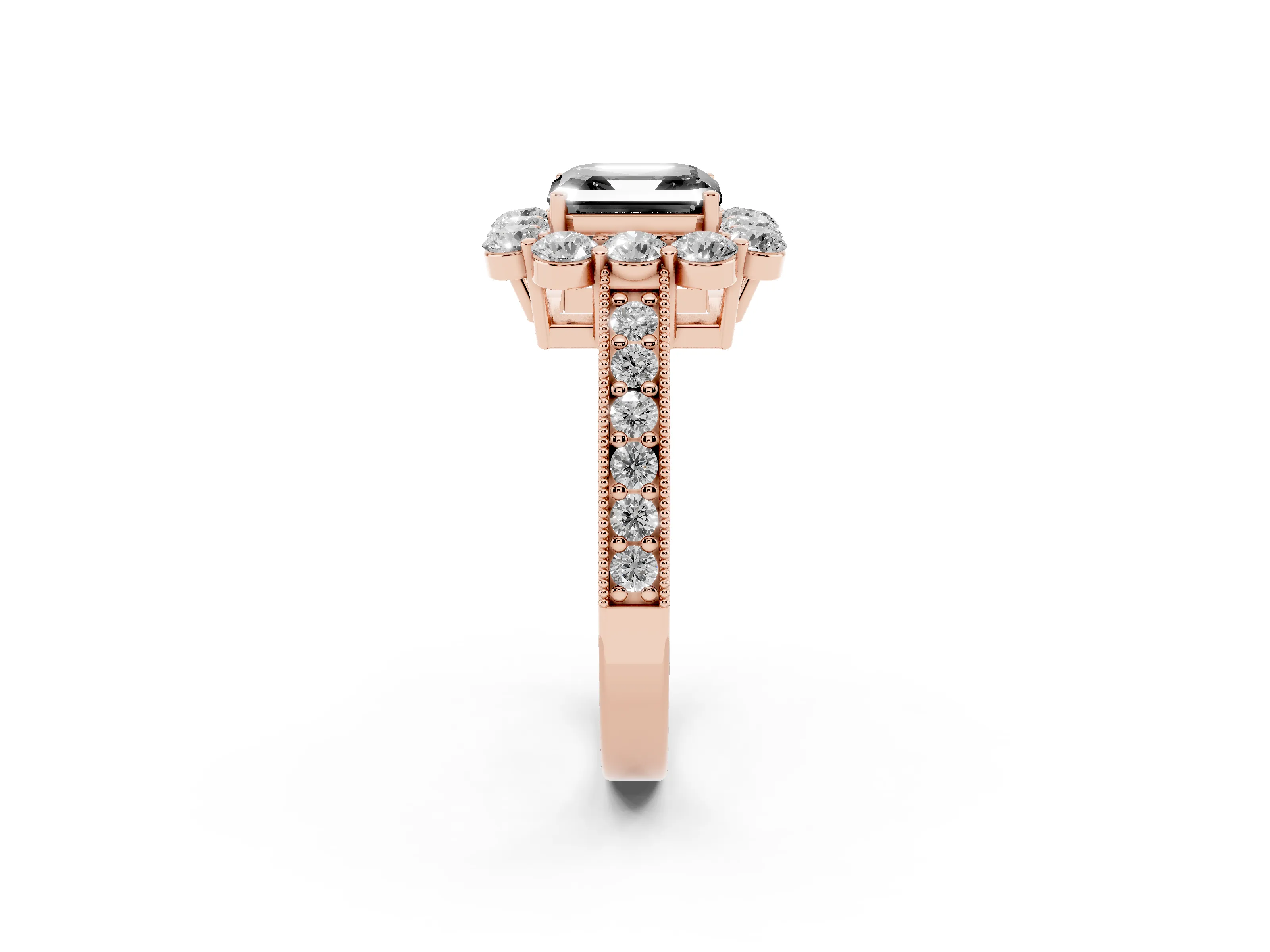 Fancy Black Asscher Cut Diamond Halo Pavé Engagement Ring Set in Rose gold with Milgrain Detailing