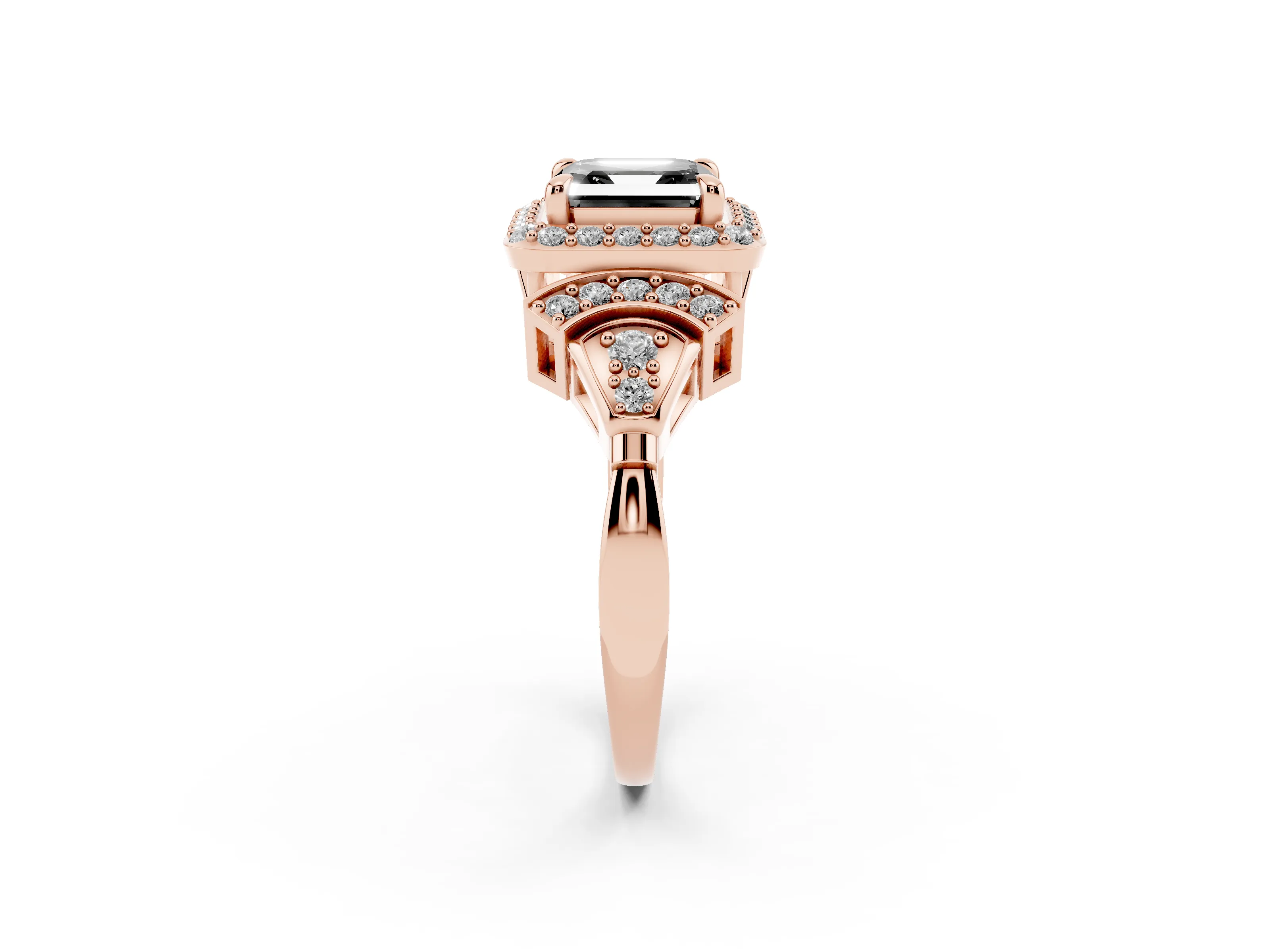 Fancy Black Asscher Cut Diamond Halo Engagement Ring Set in Rose gold with Accent Stone Split Shank