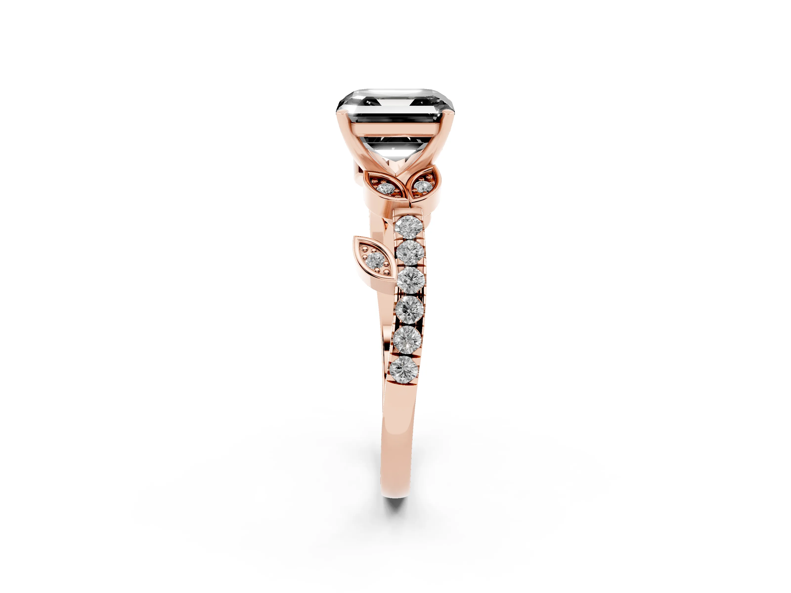 Fancy Black Asscher Cut Diamond Solitaire Leaf-Inspired Ring Set in Rose gold with Pavé Band and Prong Setting