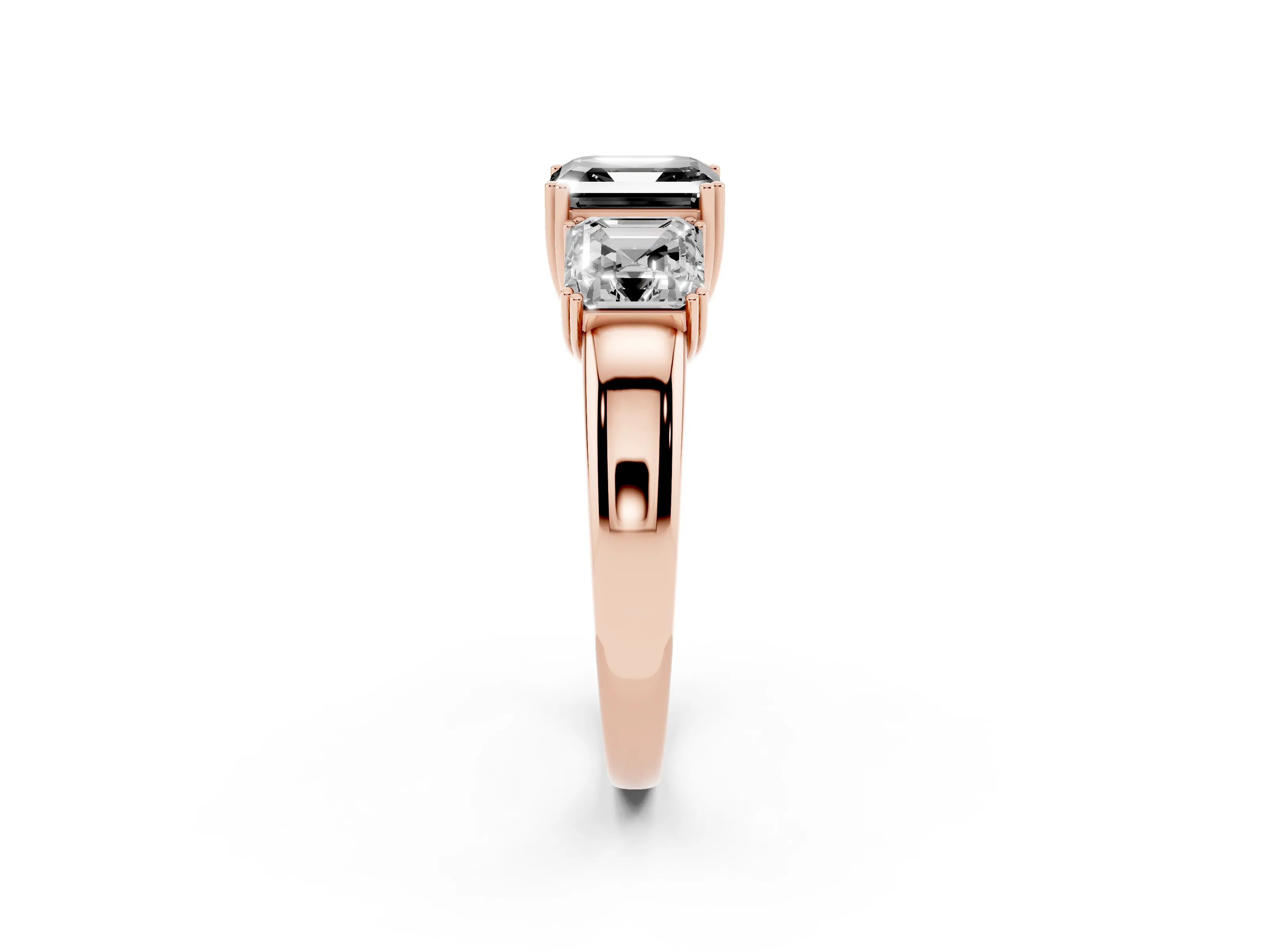 Fancy Black Asscher Cut Diamond Three-Stone Ring Set in Rose gold with Polished Band and Prong Setting