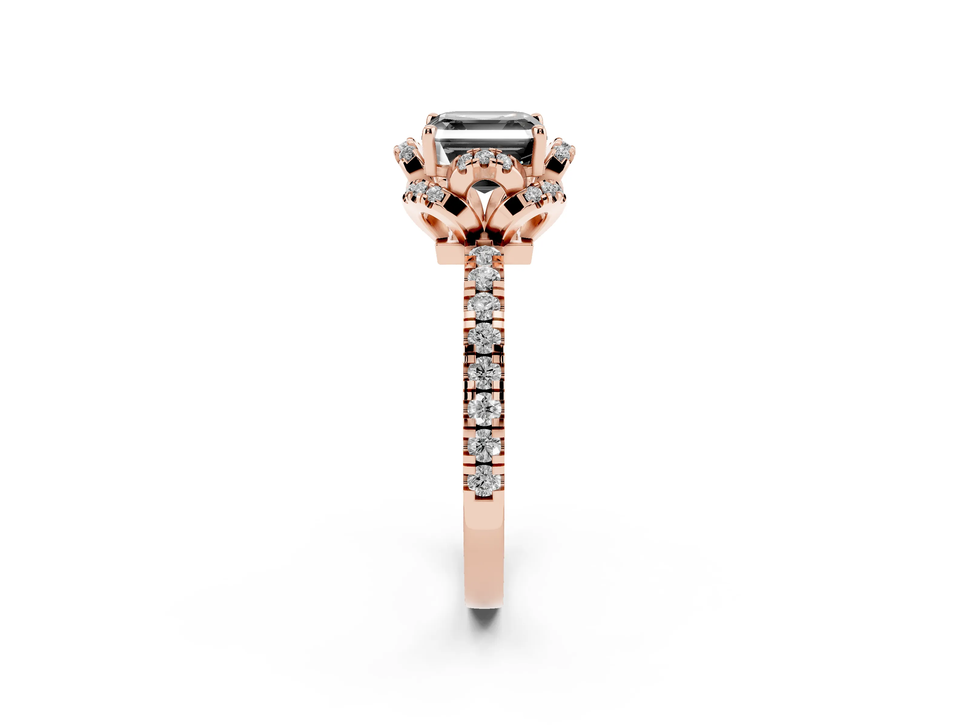 Fancy Black Asscher Cut Diamond Halo Pavé Ring Set in Rose gold with Prong-Held Center Stone
