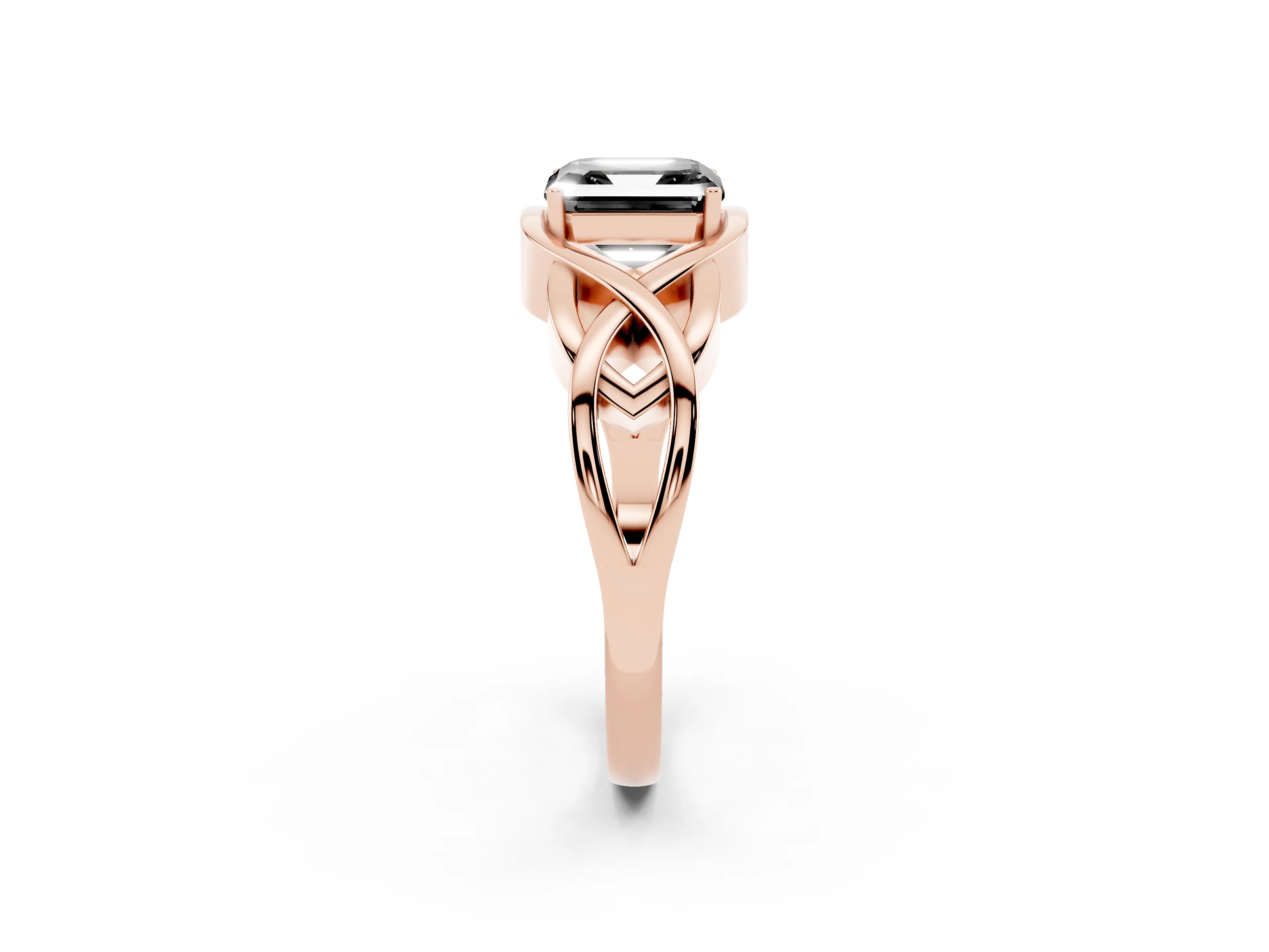 Fancy Black Asscher Cut Diamond Solitaire Ring Set in Rose gold with Intertwined Band