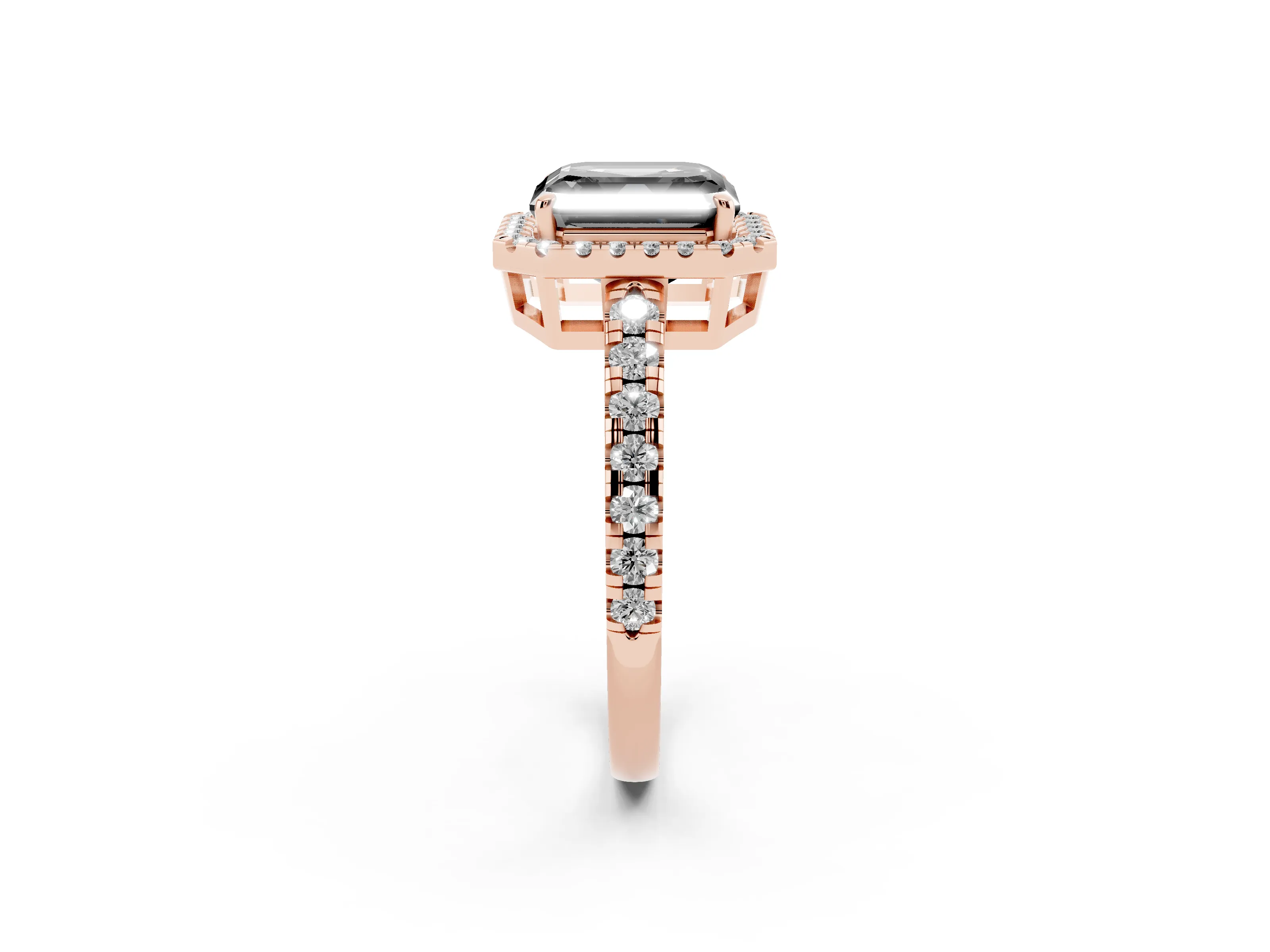 Fancy Black Asscher Cut Diamond Halo Ring Set in Rose gold with Delicate Pavé Band and Prong Setting