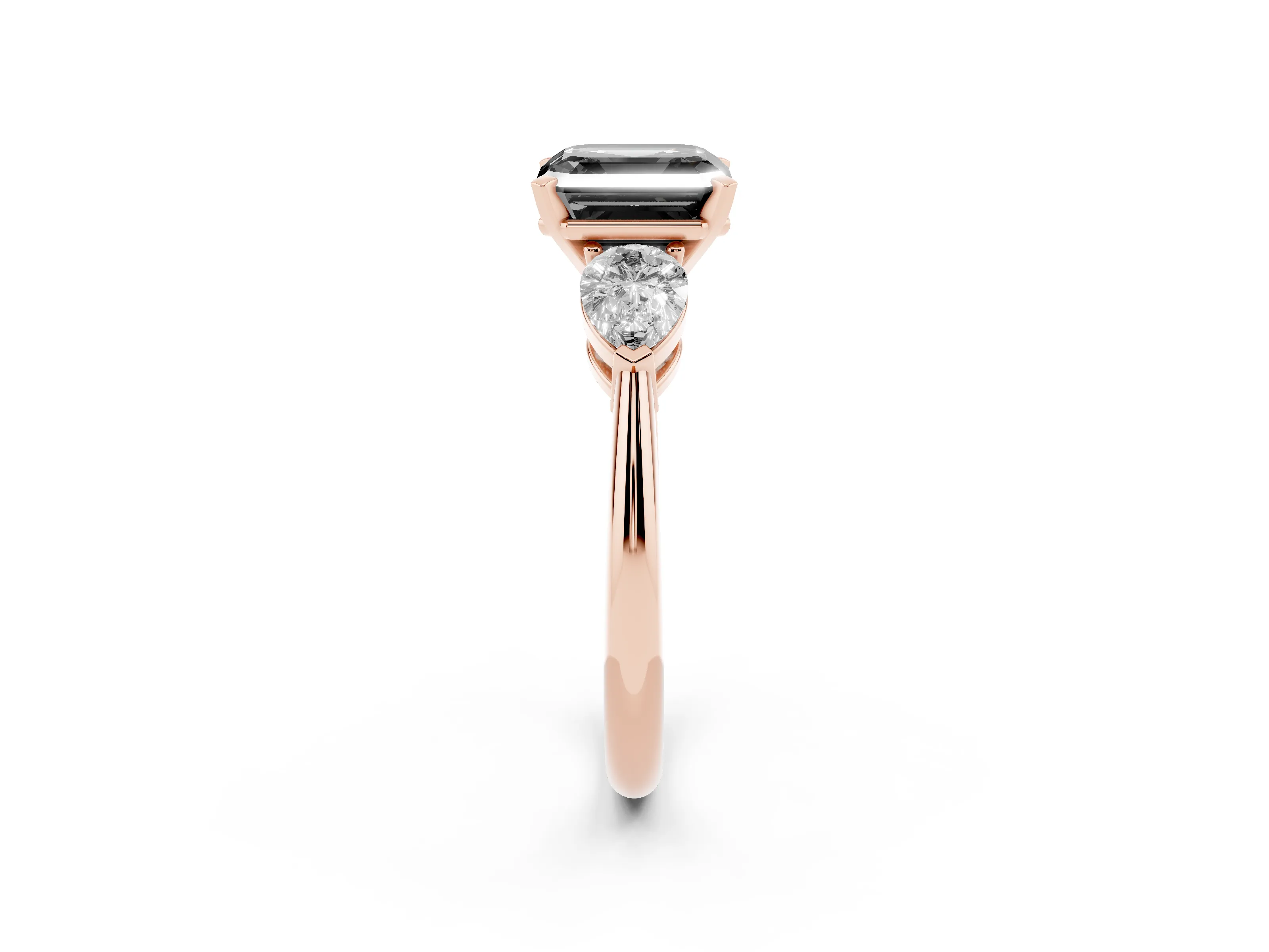 Fancy Black Three-Stone Asscher Cut Diamond Ring Set in Rose gold with Pear Side Stones and Prong Setting