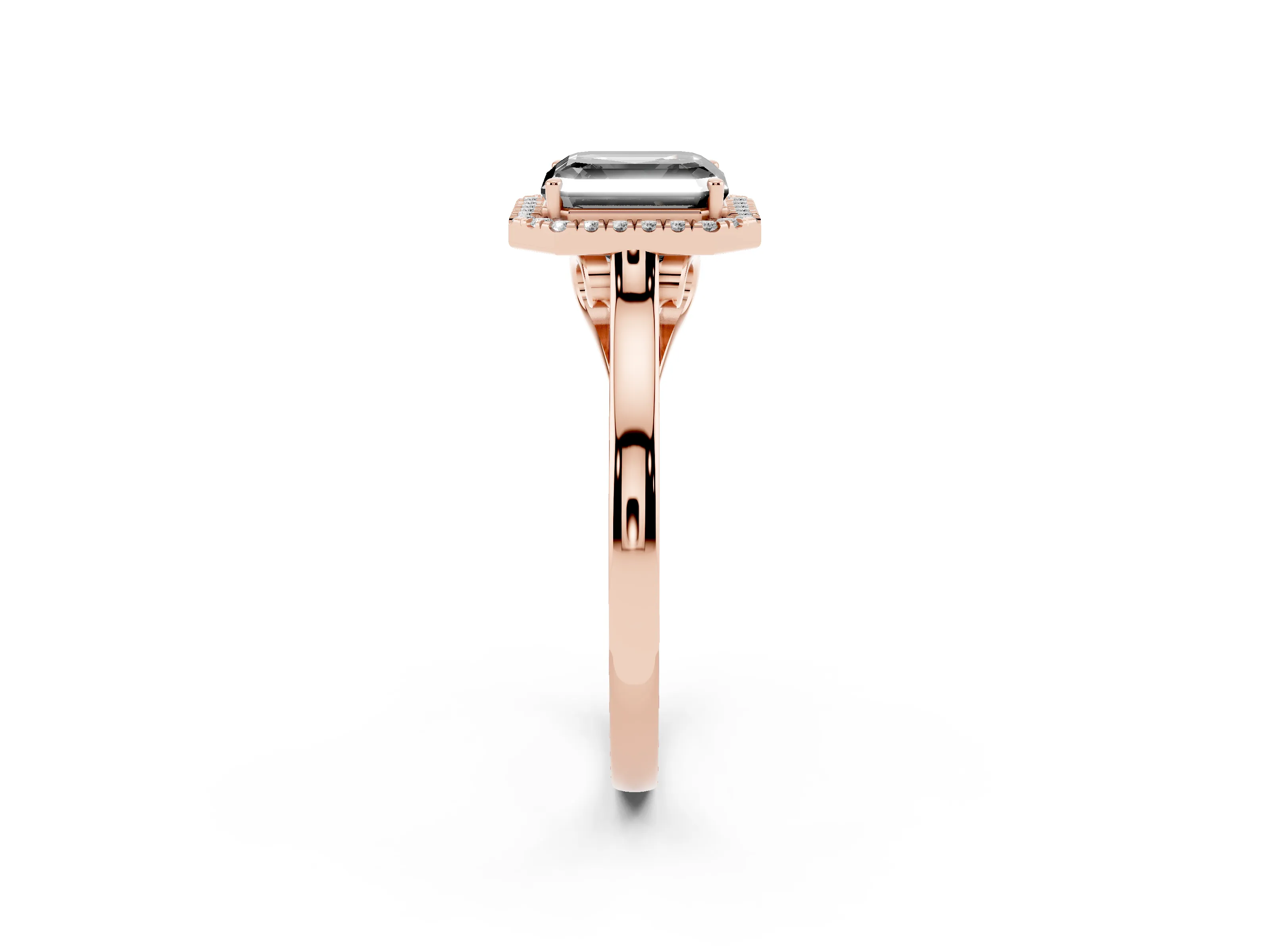 Fancy Black Asscher Cut Halo Round Diamond Solitaire Ring Set in Rose gold with Pavé Band and Prong Setting